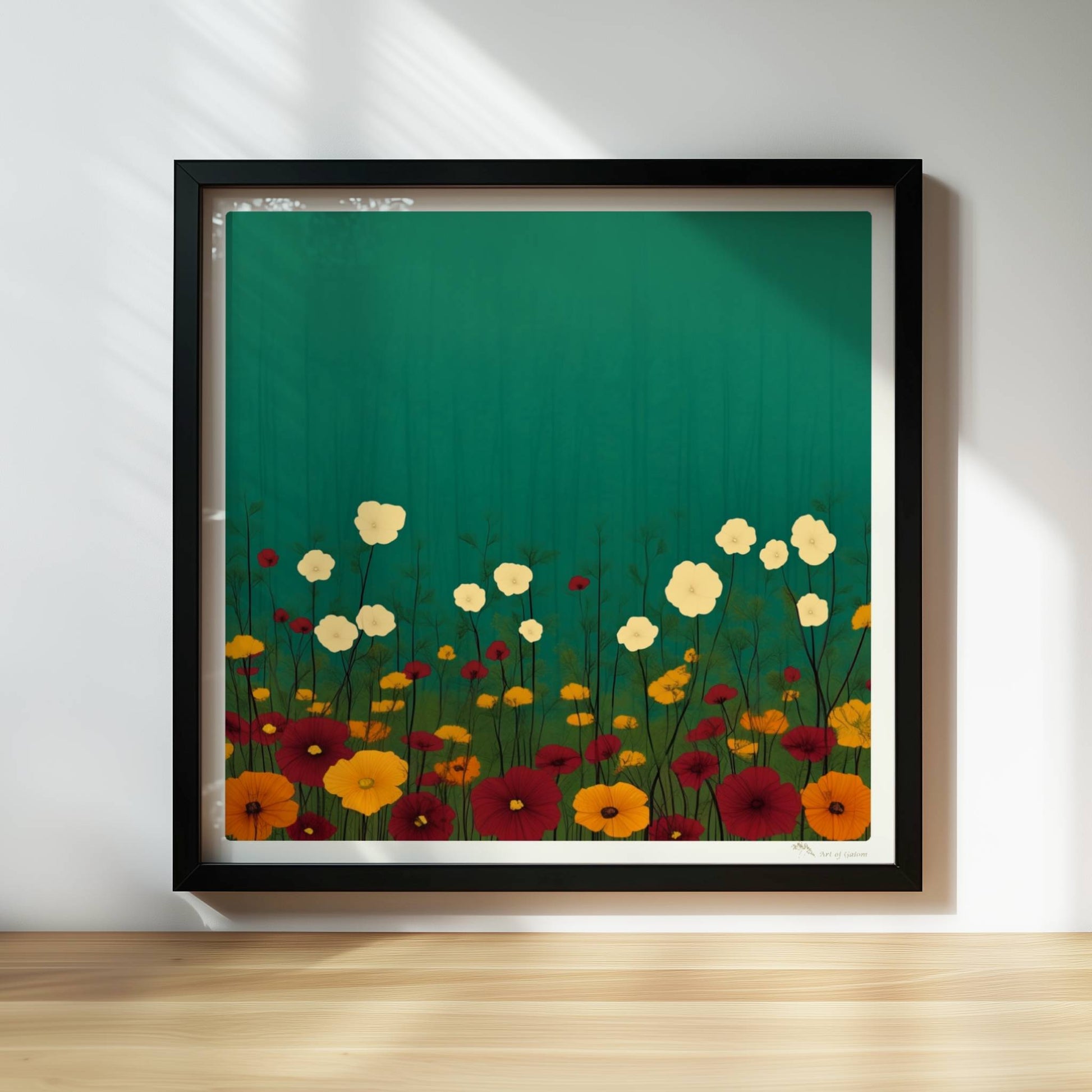 Minimalistische Wildblumenwiese mit weißen, gelben und roten Blüten vor tiefgrün?türkisem Hintergrund – ruhige Naturillustration.. Rahmen schwarz 30x30