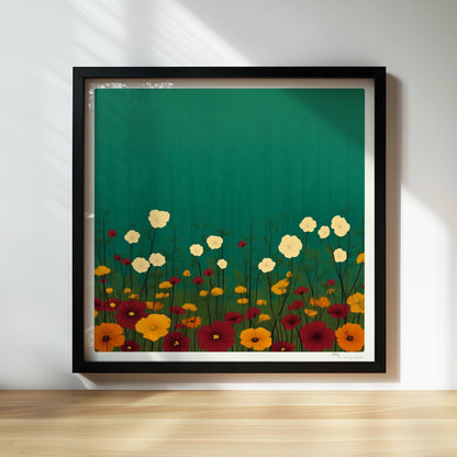 Minimalistische Wildblumenwiese mit weißen, gelben und roten Blüten vor tiefgrün?türkisem Hintergrund – ruhige Naturillustration.. Rahmen schwarz 30x30