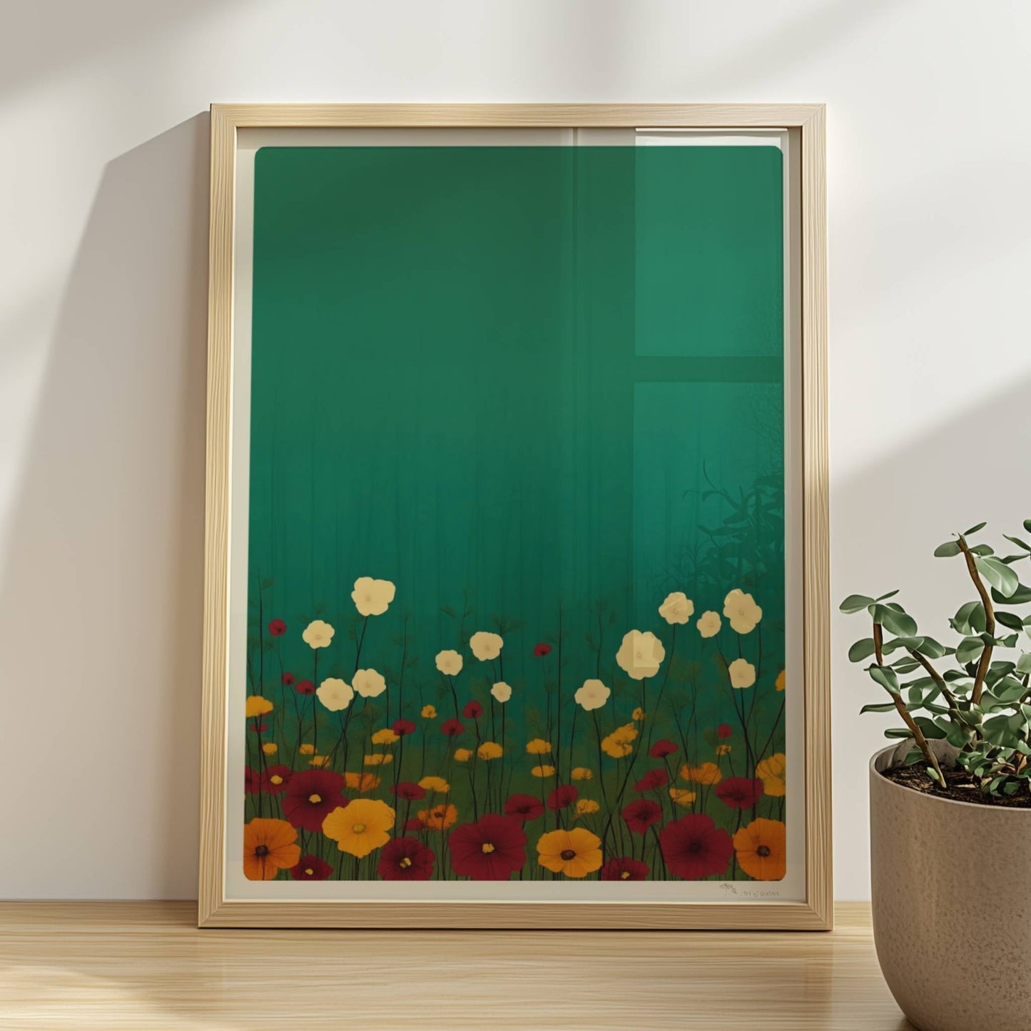 Minimalistische Wildblumenwiese mit weißen, gelben und roten Blüten vor tiefgrün?türkisem Hintergrund – ruhige Naturillustration.. Rahmen natur 30x40