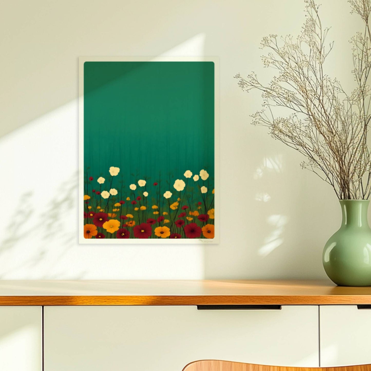 Minimalistische Wildblumenwiese mit weißen, gelben und roten Blüten vor tiefgrün?türkisem Hintergrund – ruhige Naturillustration.. Ohne Rahmen 30x40