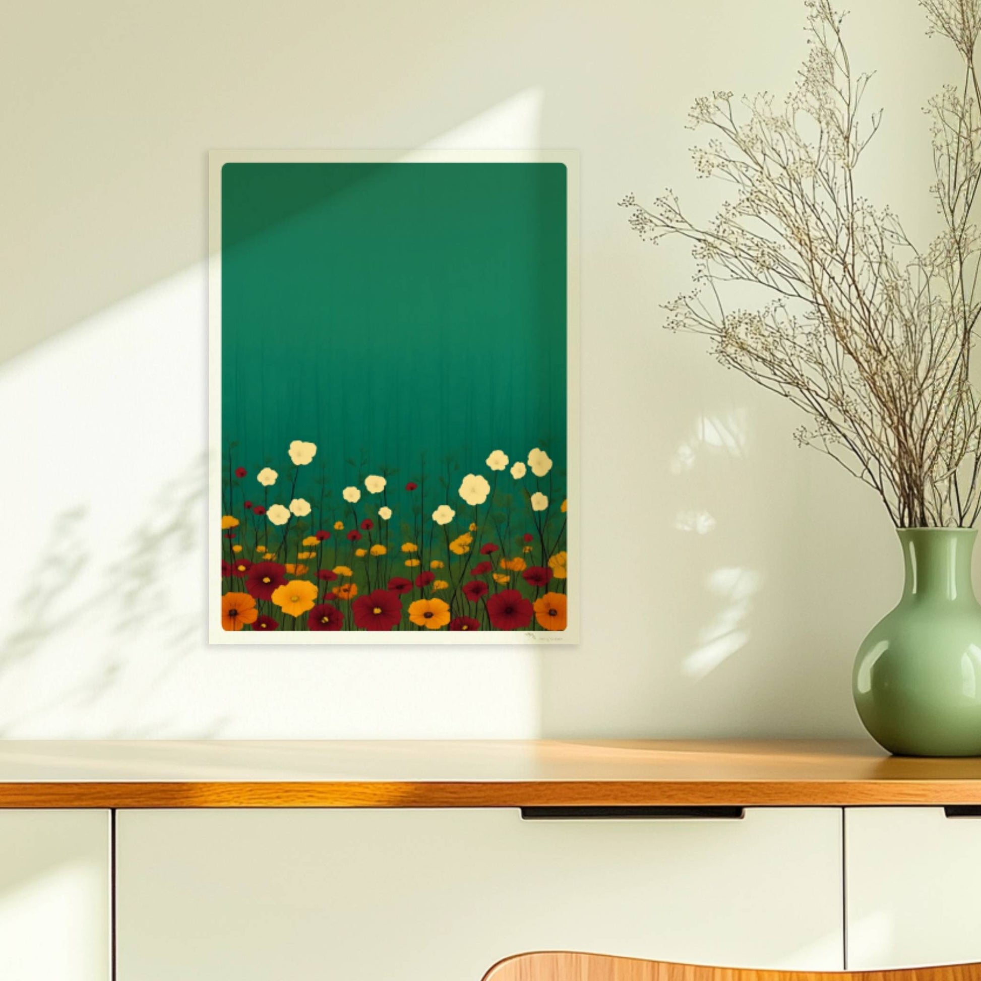 Minimalistische Wildblumenwiese mit weißen, gelben und roten Blüten vor tiefgrün?türkisem Hintergrund – ruhige Naturillustration.. Ohne Rahmen 30x40