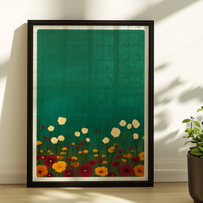 Minimalistische Wildblumenwiese mit weißen, gelben und roten Blüten vor tiefgrün?türkisem Hintergrund – ruhige Naturillustration.. Rahmen schwarz 30x40