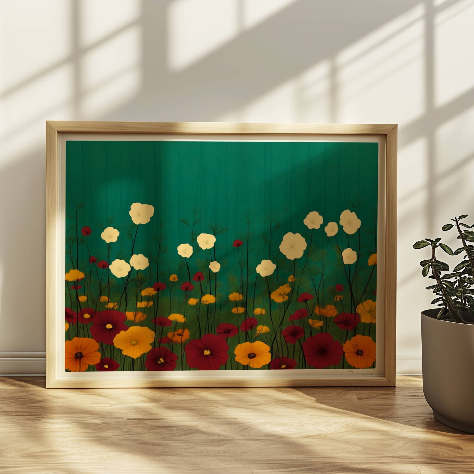 Minimalistische Wildblumenwiese mit weißen, gelben und roten Blüten vor tiefgrün?türkisem Hintergrund – ruhige Naturillustration.. Rahmen natur 40x30