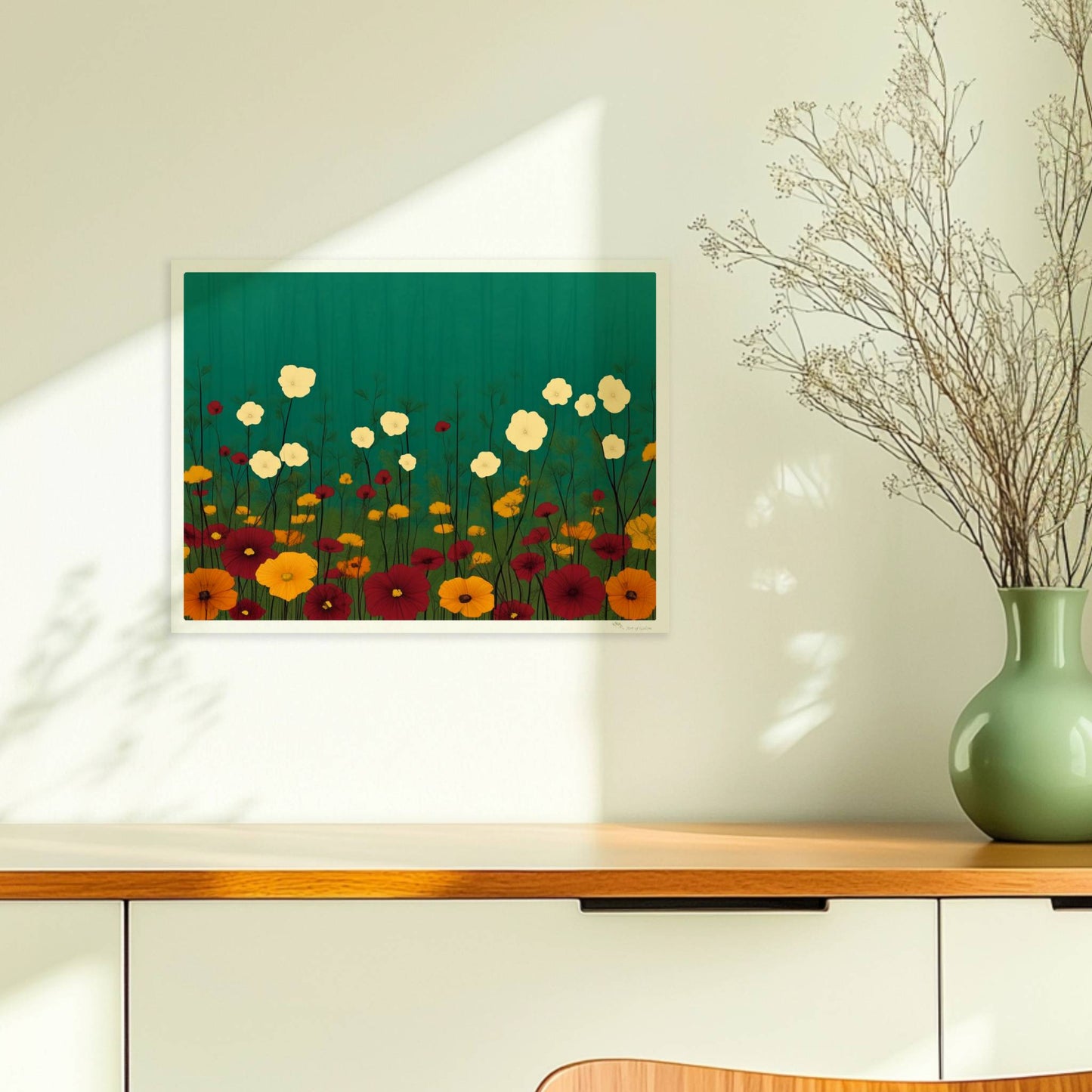 Minimalistische Wildblumenwiese mit weißen, gelben und roten Blüten vor tiefgrün?türkisem Hintergrund – ruhige Naturillustration.. Ohne Rahmen 40x30