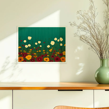 Minimalistische Wildblumenwiese mit weißen, gelben und roten Blüten vor tiefgrün?türkisem Hintergrund – ruhige Naturillustration.. Ohne Rahmen 40x30