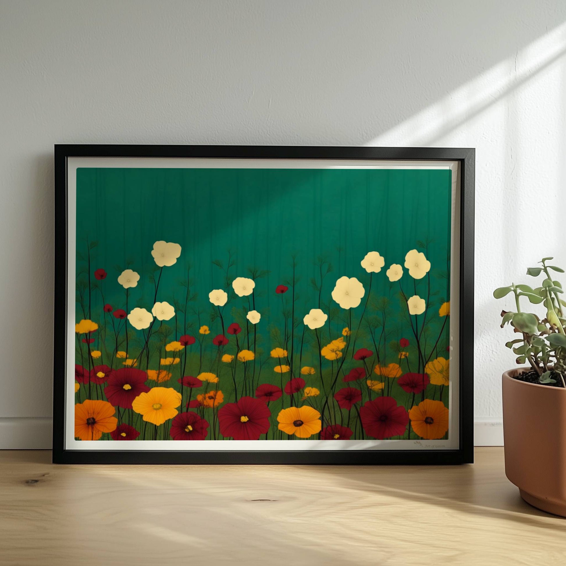 Minimalistische Wildblumenwiese mit weißen, gelben und roten Blüten vor tiefgrün?türkisem Hintergrund – ruhige Naturillustration.. Rahmen schwarz 40x30