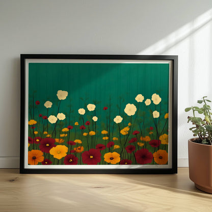 Minimalistische Wildblumenwiese mit weißen, gelben und roten Blüten vor tiefgrün?türkisem Hintergrund – ruhige Naturillustration.. Rahmen schwarz 40x30