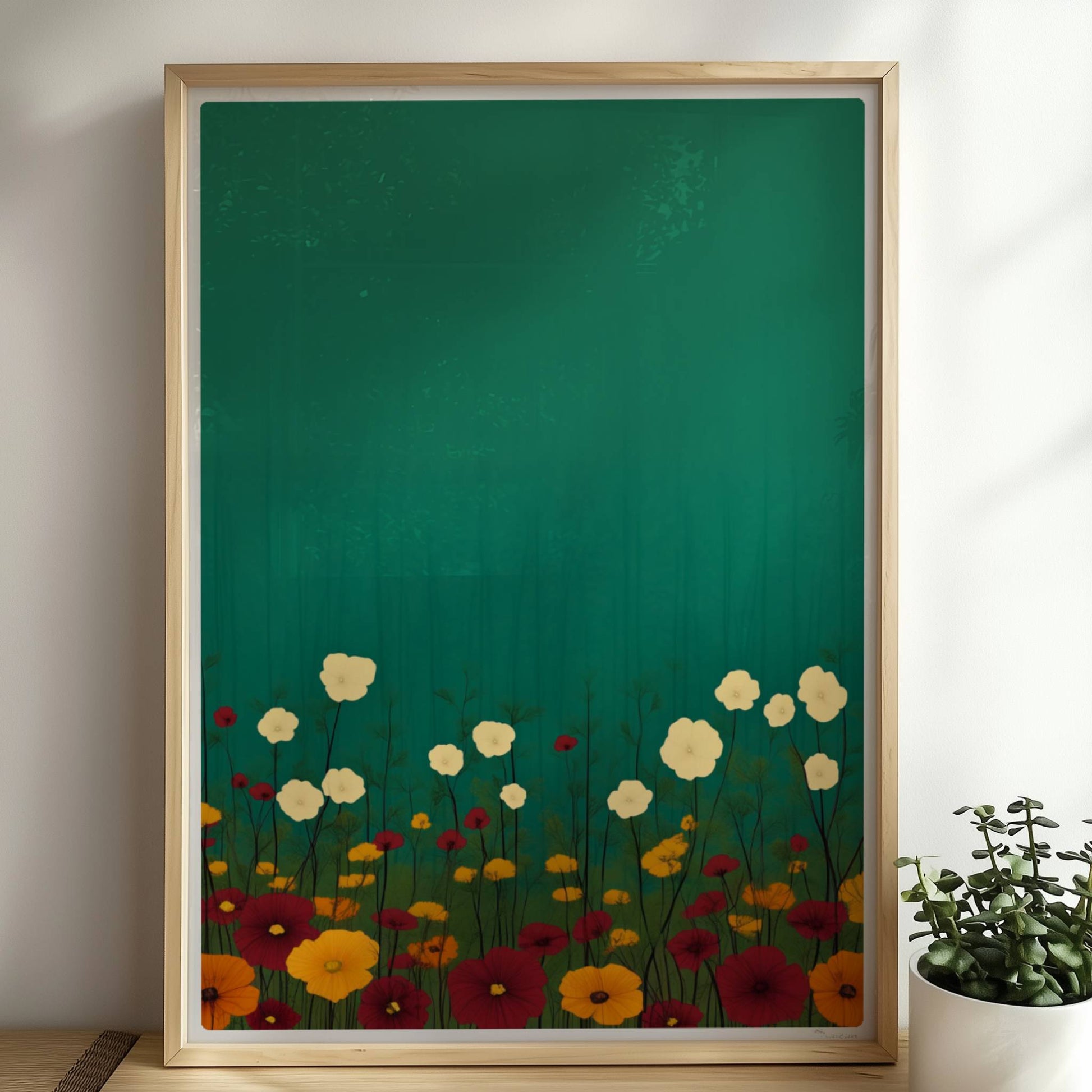 Minimalistische Wildblumenwiese mit weißen, gelben und roten Blüten vor tiefgrün?türkisem Hintergrund – ruhige Naturillustration.. Rahmen natur 50x70