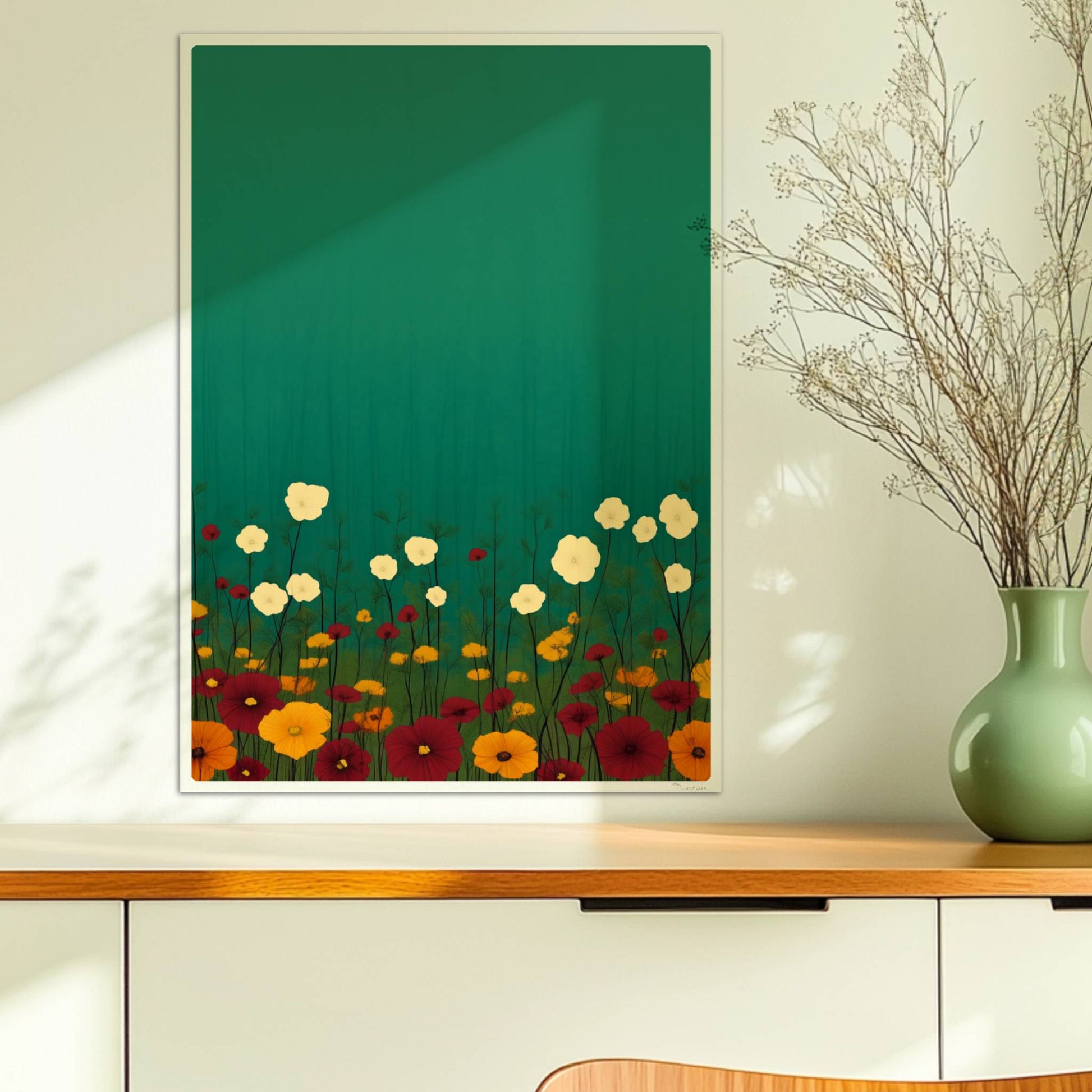 Minimalistische Wildblumenwiese mit weißen, gelben und roten Blüten vor tiefgrün?türkisem Hintergrund – ruhige Naturillustration.. Ohne Rahmen 50x70