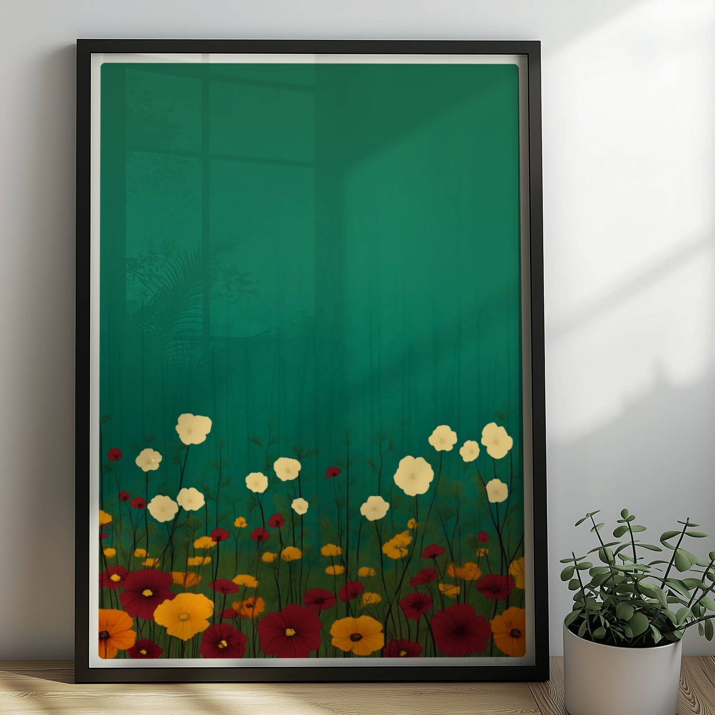 Minimalistische Wildblumenwiese mit weißen, gelben und roten Blüten vor tiefgrün?türkisem Hintergrund – ruhige Naturillustration.. Rahmen schwarz 50x70