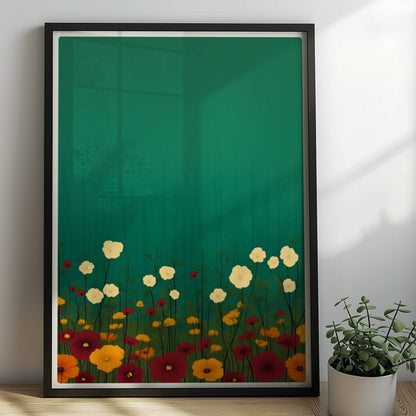 Minimalistische Wildblumenwiese mit weißen, gelben und roten Blüten vor tiefgrün?türkisem Hintergrund – ruhige Naturillustration.. Rahmen schwarz 50x70