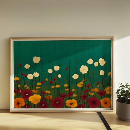 Minimalistische Wildblumenwiese mit weißen, gelben und roten Blüten vor tiefgrün?türkisem Hintergrund – ruhige Naturillustration.. Rahmen natur 70x50