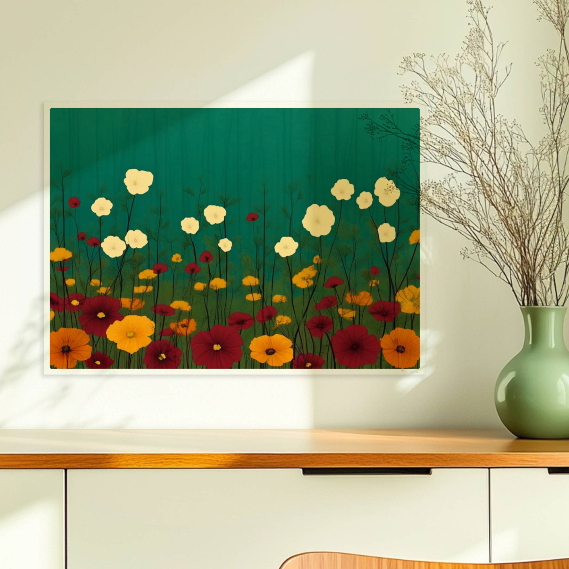Minimalistische Wildblumenwiese mit weißen, gelben und roten Blüten vor tiefgrün?türkisem Hintergrund – ruhige Naturillustration.. Ohne Rahmen 70x50