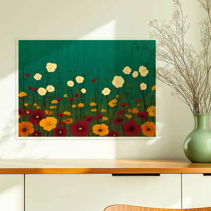 Minimalistische Wildblumenwiese mit weißen, gelben und roten Blüten vor tiefgrün?türkisem Hintergrund – ruhige Naturillustration.. Ohne Rahmen 70x50