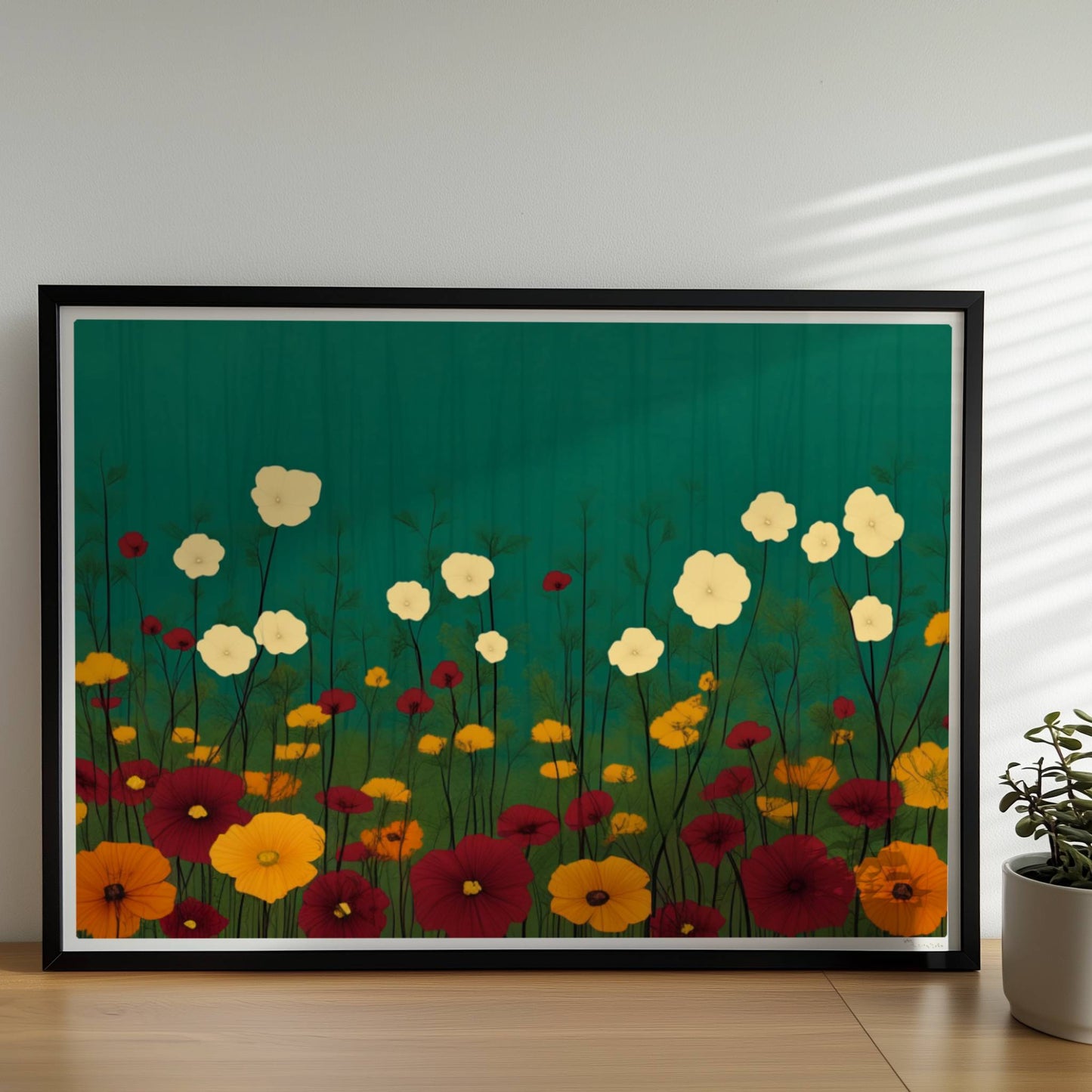 Minimalistische Wildblumenwiese mit weißen, gelben und roten Blüten vor tiefgrün?türkisem Hintergrund – ruhige Naturillustration.. Rahmen schwarz 70x50