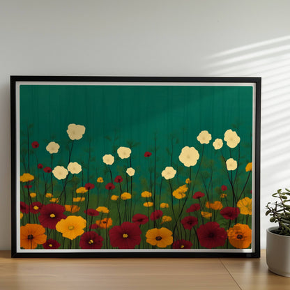 Minimalistische Wildblumenwiese mit weißen, gelben und roten Blüten vor tiefgrün?türkisem Hintergrund – ruhige Naturillustration.. Rahmen schwarz 70x50