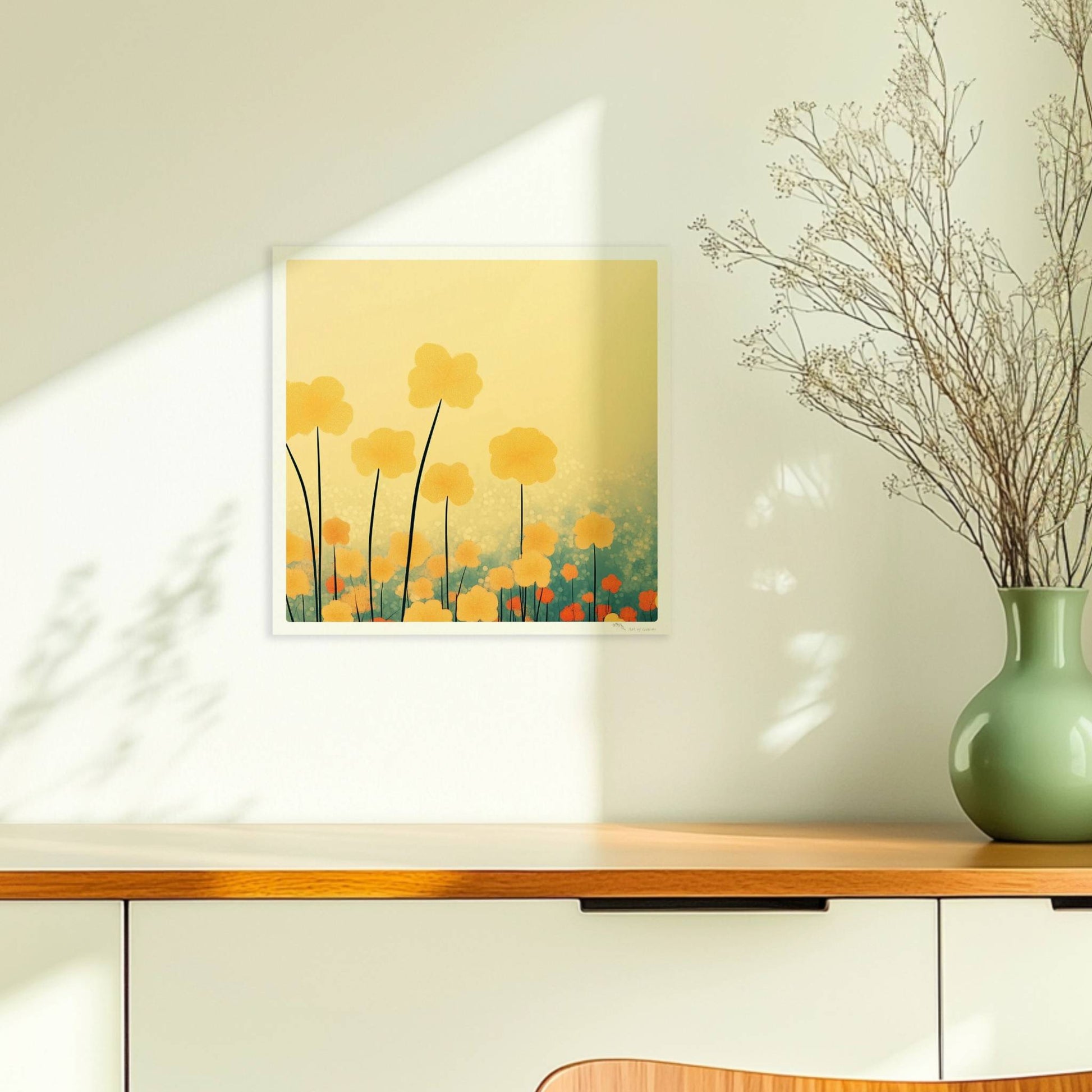 Goldene und orangefarbene Wildblumen ragen hoch in den Himmel, sanfter Bokeh?Hintergrund in warmem Licht – harmonische Naturkunst.. Ohne Rahmen 30x30