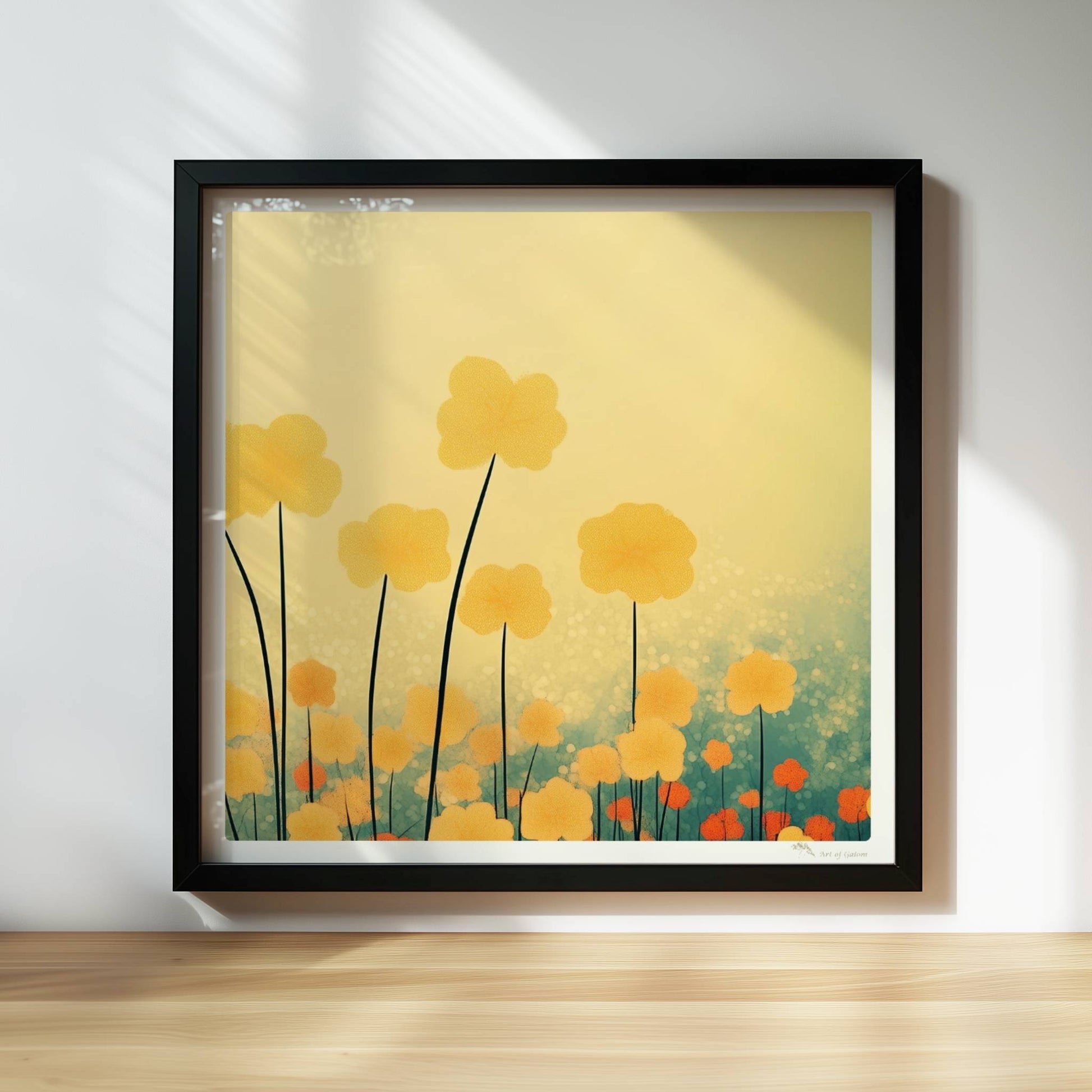 Goldene und orangefarbene Wildblumen ragen hoch in den Himmel, sanfter Bokeh?Hintergrund in warmem Licht – harmonische Naturkunst.. Rahmen schwarz 30x30