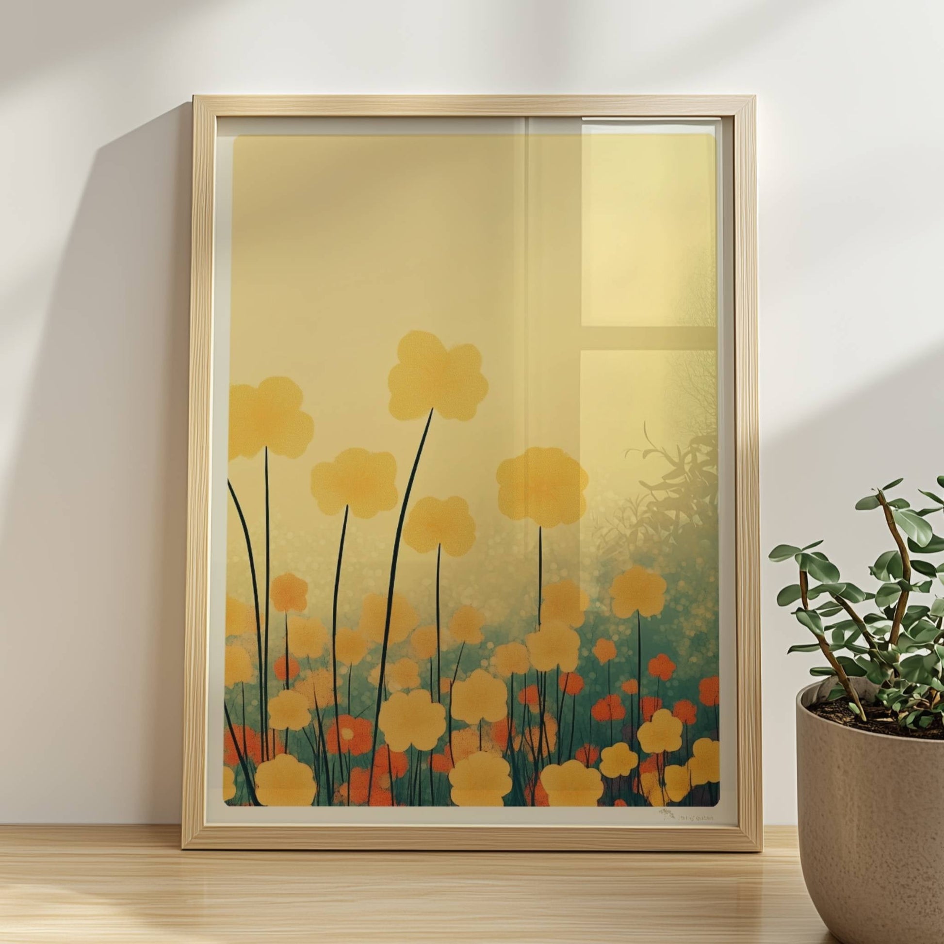 Goldene und orangefarbene Wildblumen ragen hoch in den Himmel, sanfter Bokeh?Hintergrund in warmem Licht – harmonische Naturkunst.. Rahmen natur 30x40