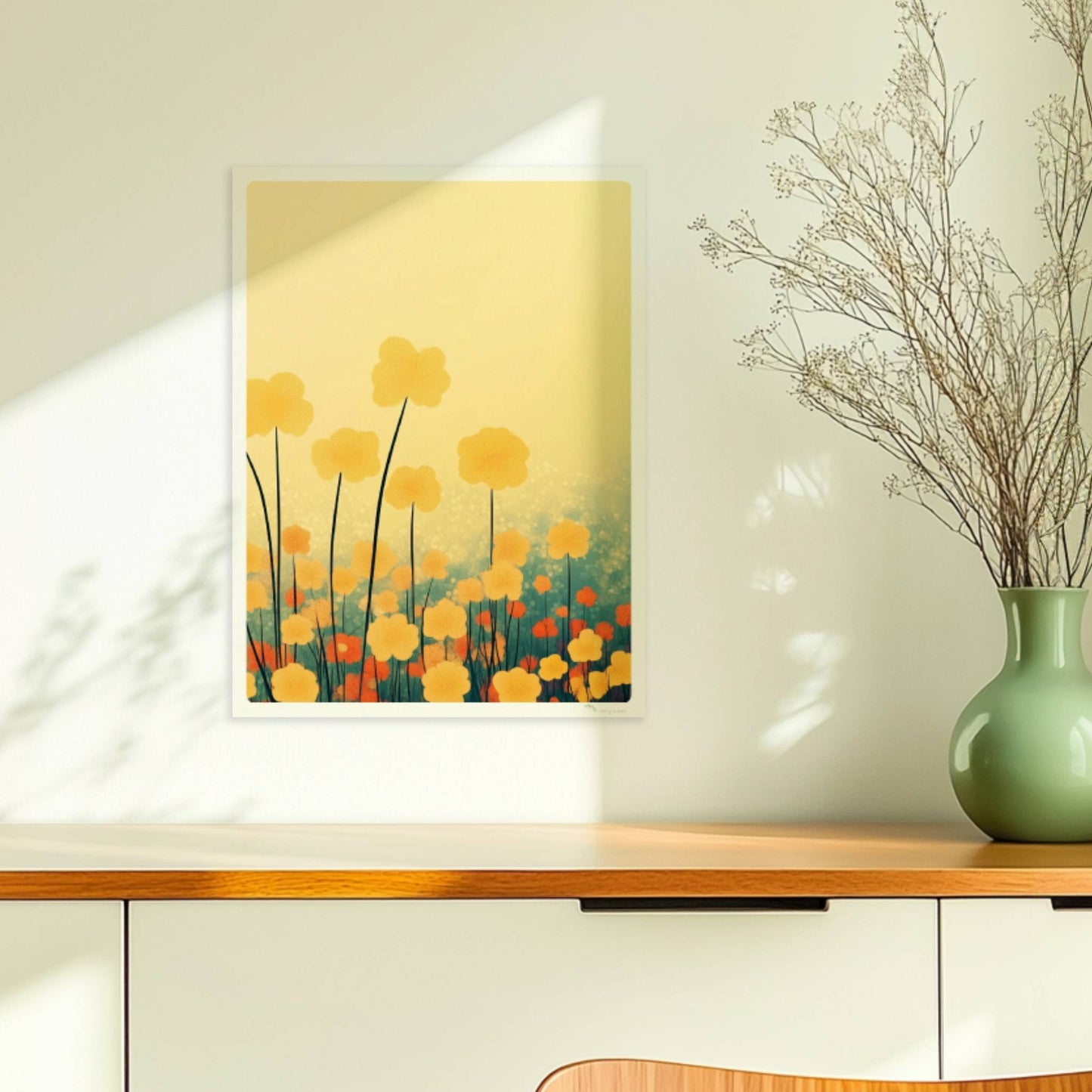 Goldene und orangefarbene Wildblumen ragen hoch in den Himmel, sanfter Bokeh?Hintergrund in warmem Licht – harmonische Naturkunst.. Ohne Rahmen 30x40