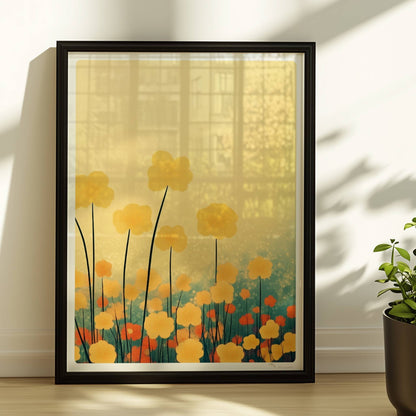 Goldene und orangefarbene Wildblumen ragen hoch in den Himmel, sanfter Bokeh?Hintergrund in warmem Licht – harmonische Naturkunst.. Rahmen schwarz 30x40