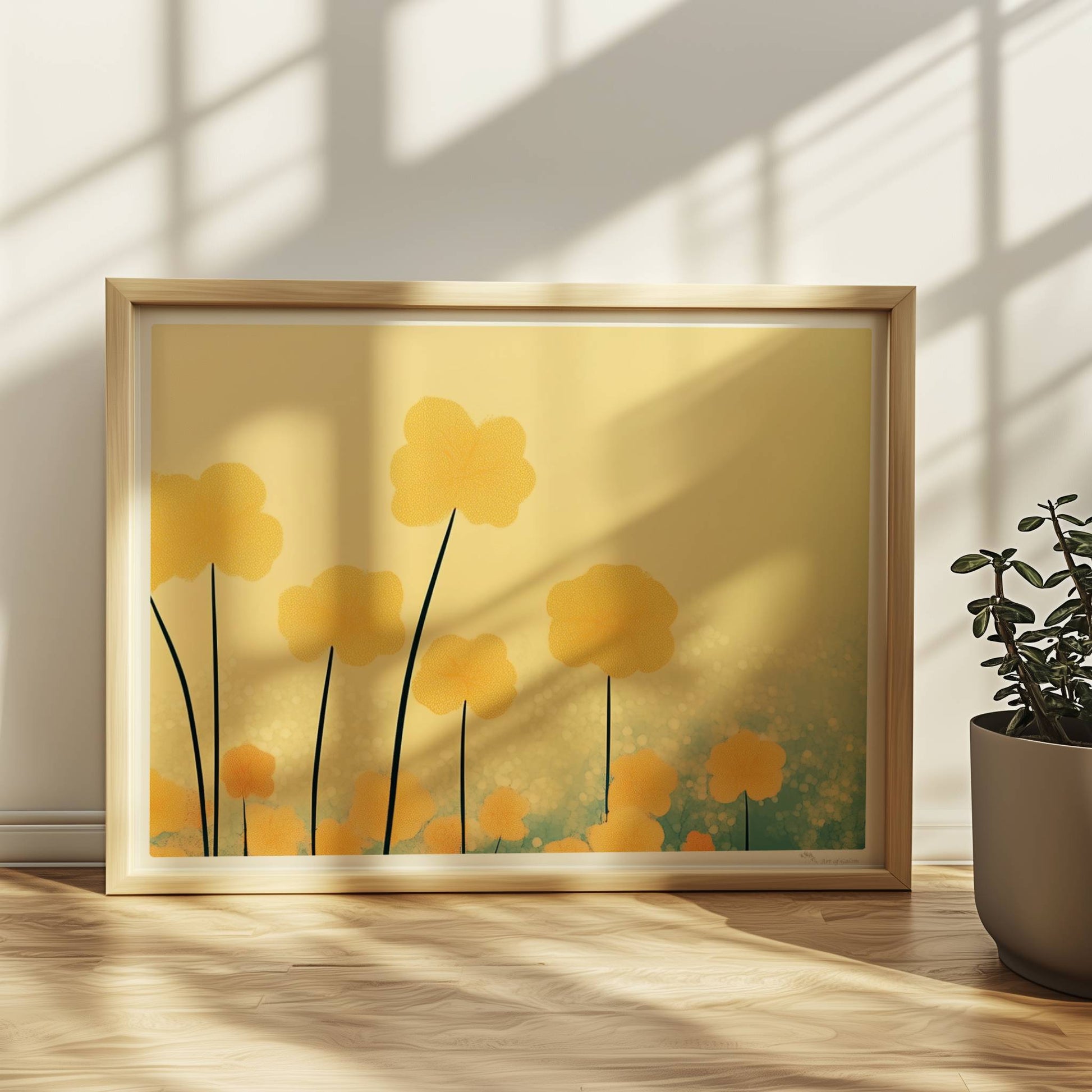 Goldene und orangefarbene Wildblumen ragen hoch in den Himmel, sanfter Bokeh?Hintergrund in warmem Licht – harmonische Naturkunst.. Rahmen natur 40x30