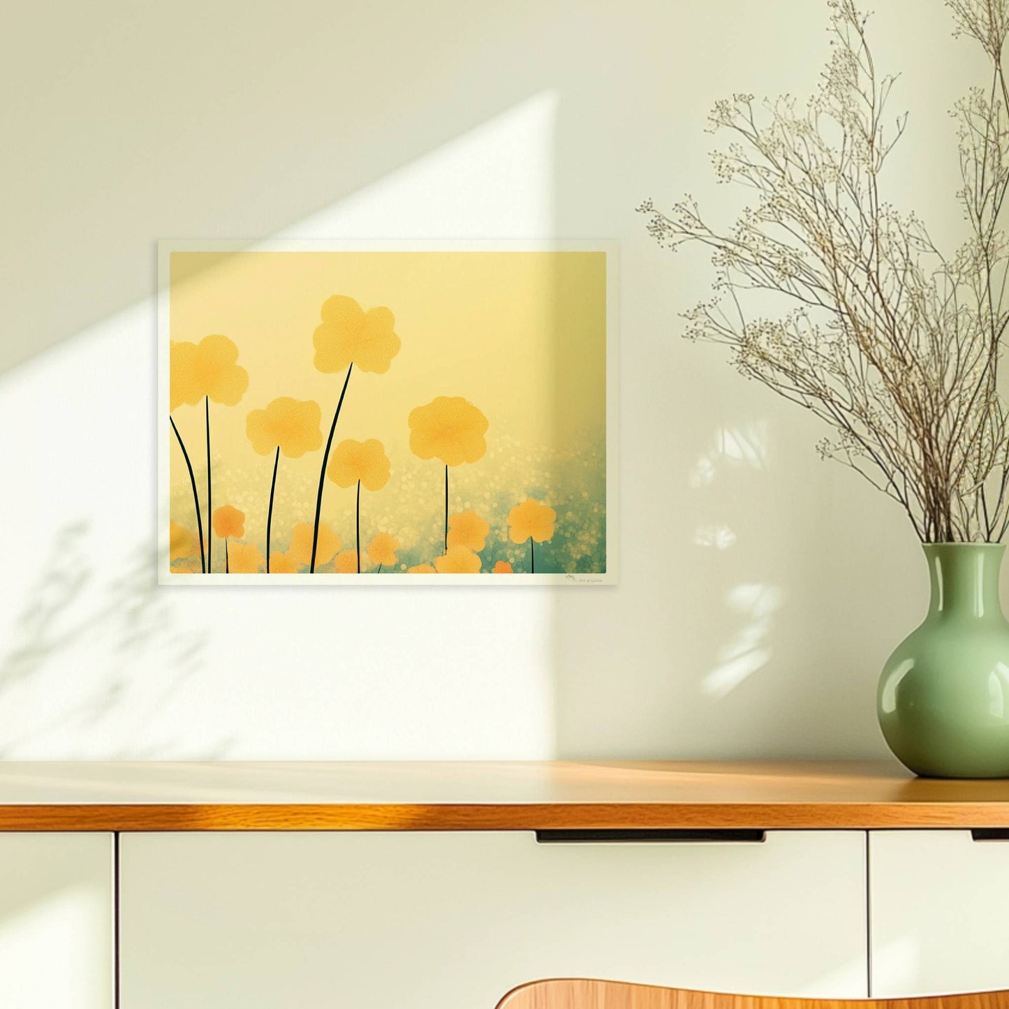 Goldene und orangefarbene Wildblumen ragen hoch in den Himmel, sanfter Bokeh?Hintergrund in warmem Licht – harmonische Naturkunst.. Ohne Rahmen 40x30