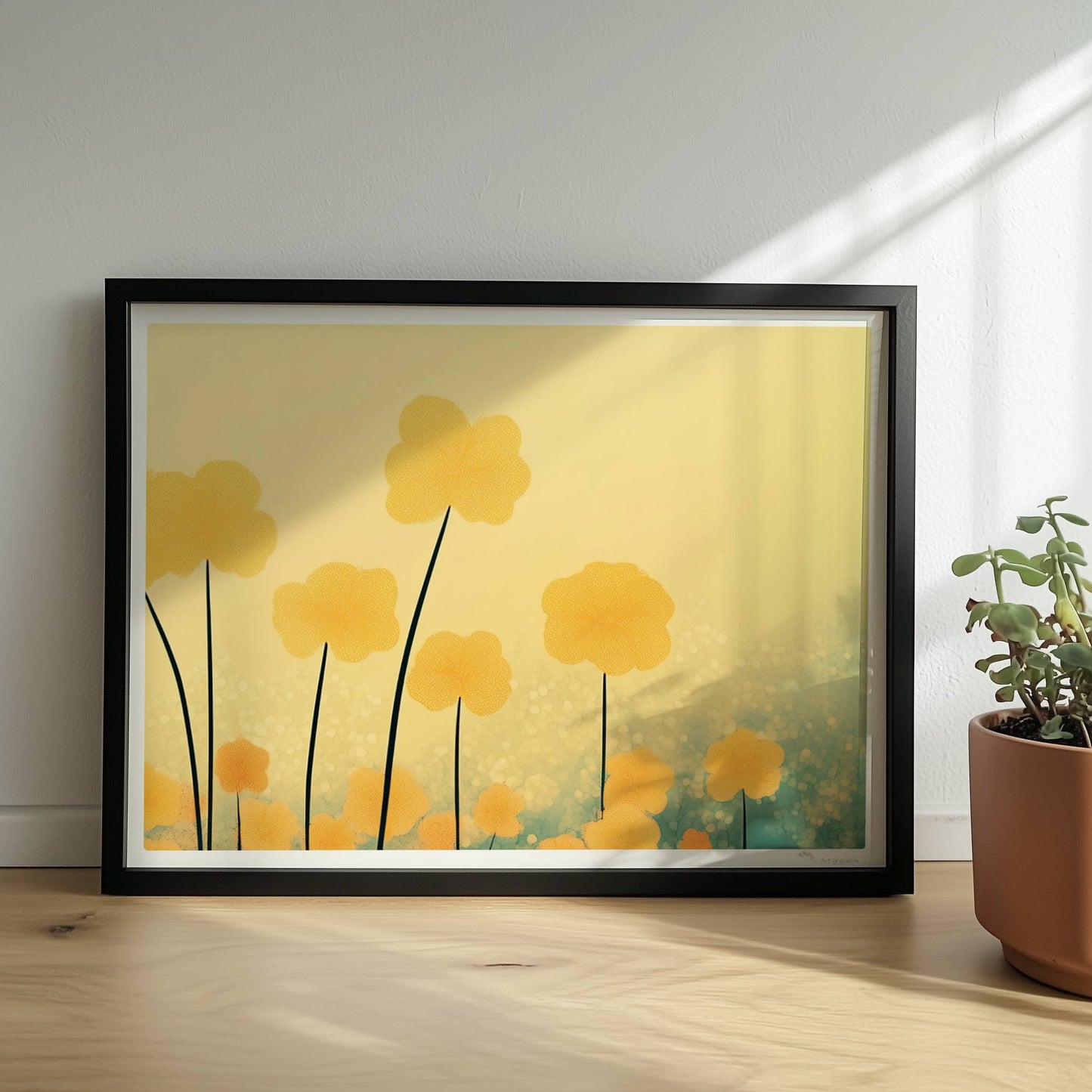 Goldene und orangefarbene Wildblumen ragen hoch in den Himmel, sanfter Bokeh?Hintergrund in warmem Licht – harmonische Naturkunst.. Rahmen schwarz 40x30