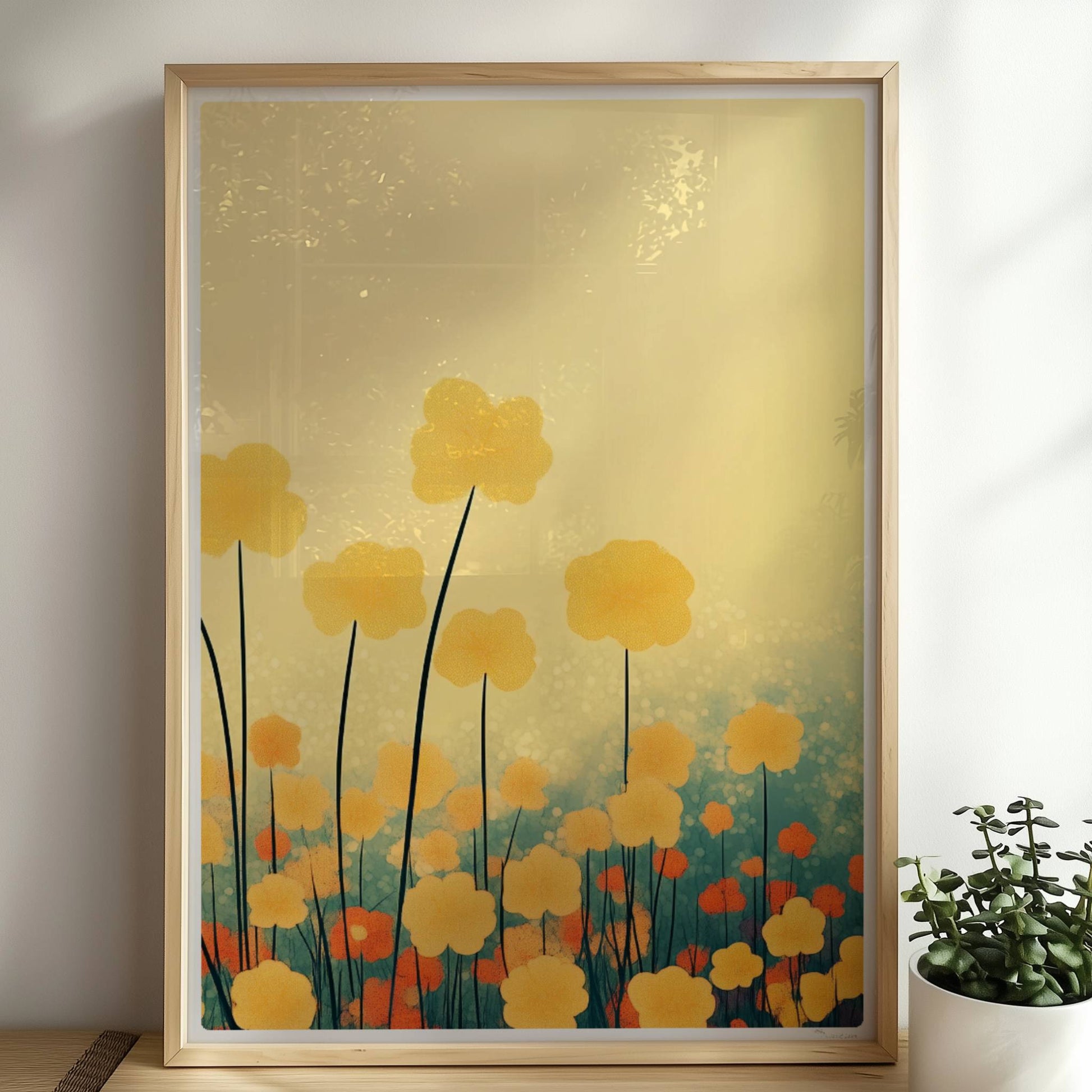 Goldene und orangefarbene Wildblumen ragen hoch in den Himmel, sanfter Bokeh?Hintergrund in warmem Licht – harmonische Naturkunst.. Rahmen natur 50x70