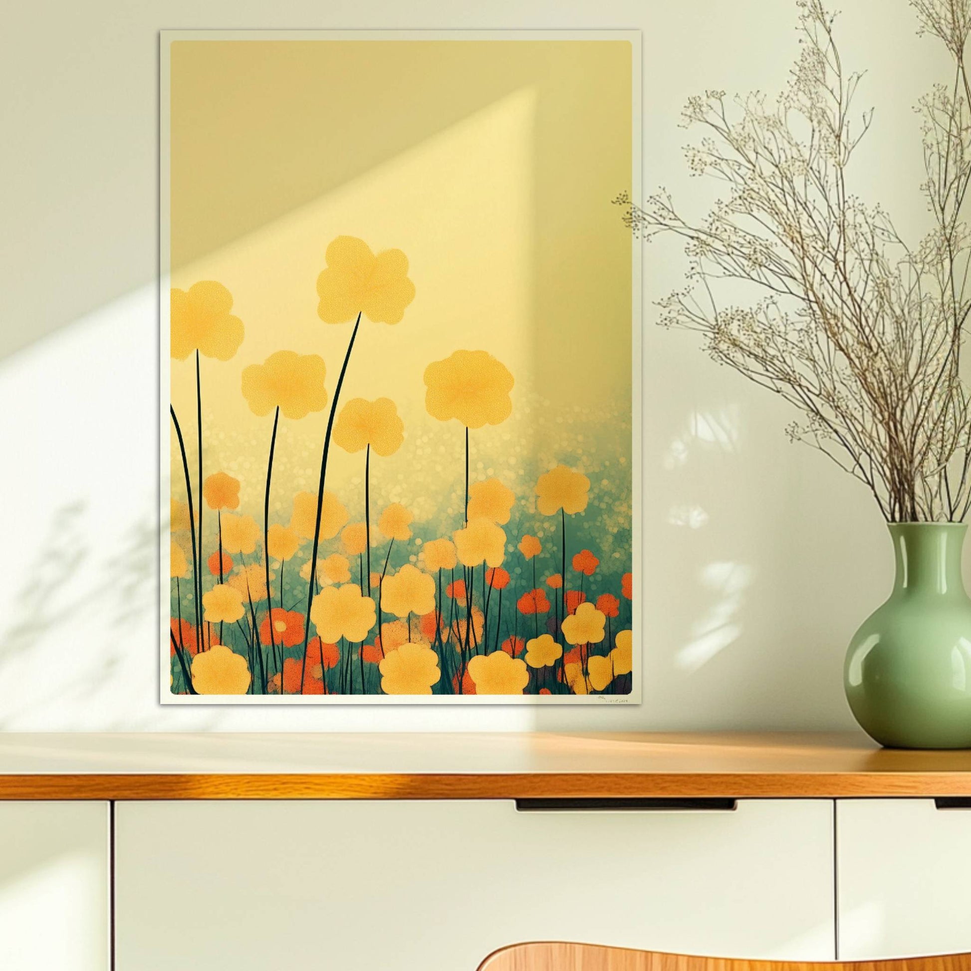 Goldene und orangefarbene Wildblumen ragen hoch in den Himmel, sanfter Bokeh?Hintergrund in warmem Licht – harmonische Naturkunst.. Ohne Rahmen 50x70