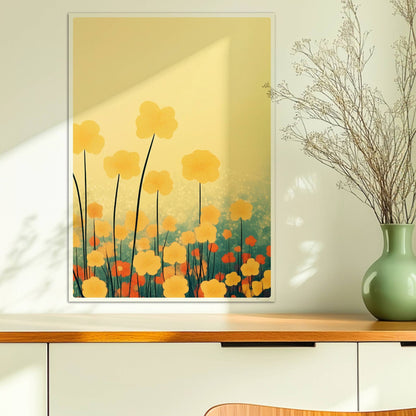 Goldene und orangefarbene Wildblumen ragen hoch in den Himmel, sanfter Bokeh?Hintergrund in warmem Licht – harmonische Naturkunst.. Ohne Rahmen 50x70