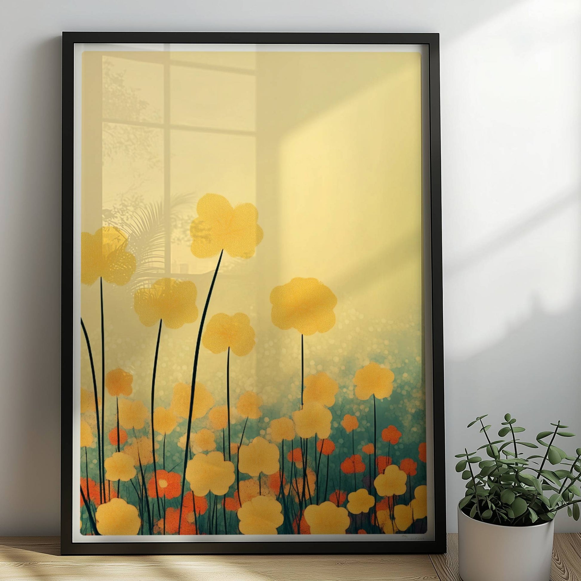 Goldene und orangefarbene Wildblumen ragen hoch in den Himmel, sanfter Bokeh?Hintergrund in warmem Licht – harmonische Naturkunst.. Rahmen schwarz 50x70