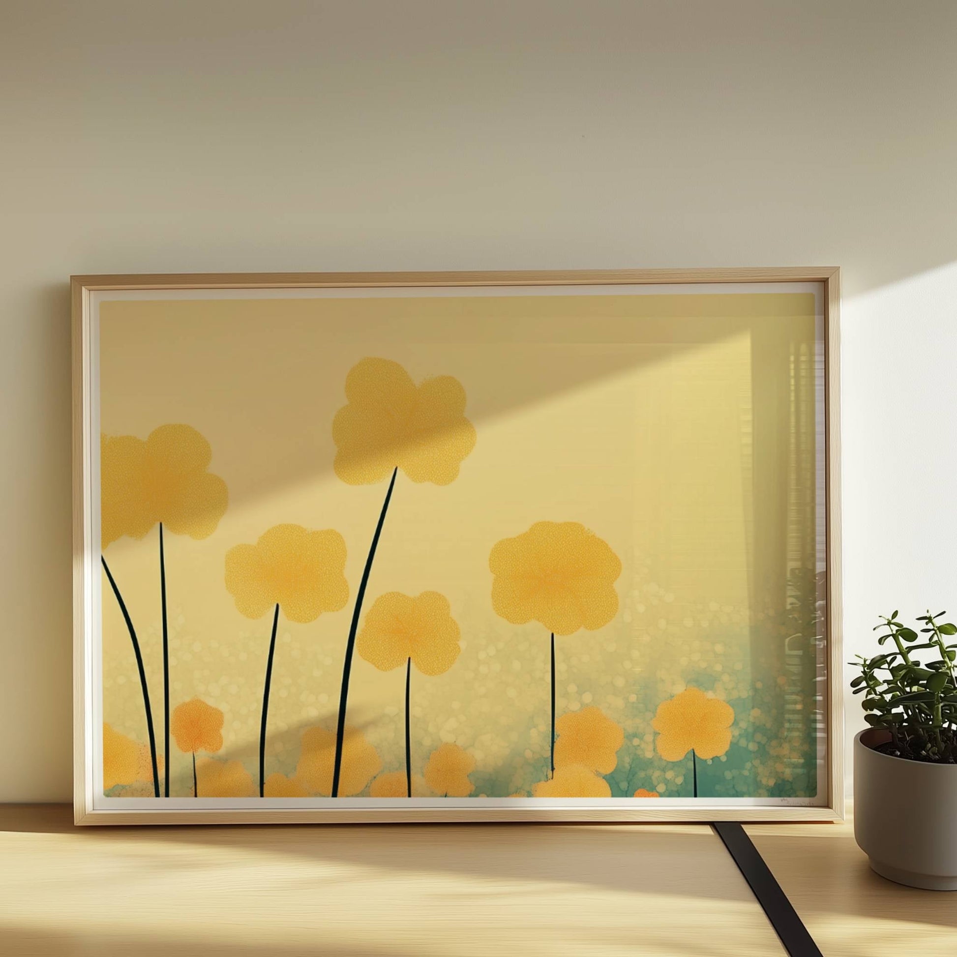 Goldene und orangefarbene Wildblumen ragen hoch in den Himmel, sanfter Bokeh?Hintergrund in warmem Licht – harmonische Naturkunst.. Rahmen natur 70x50