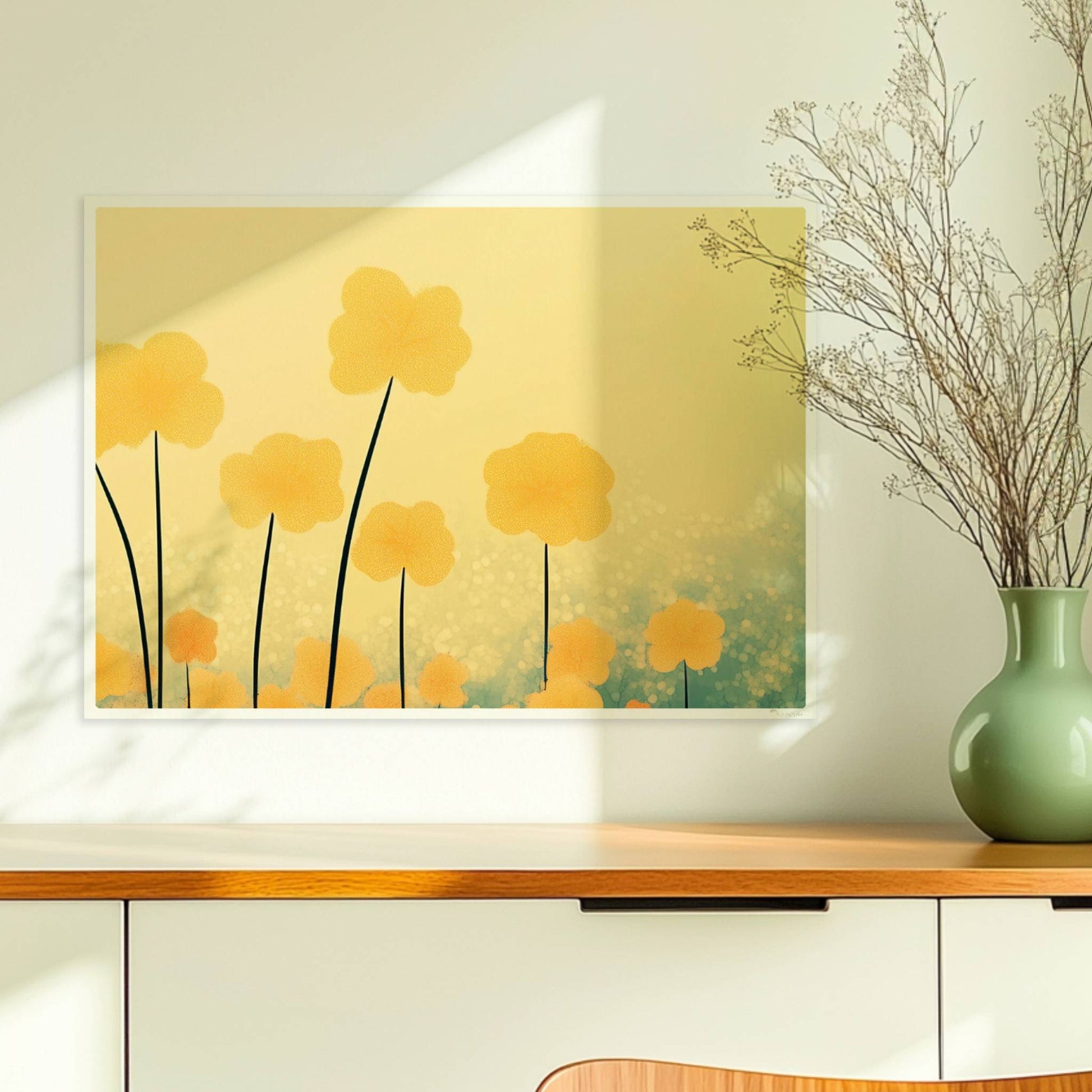 Goldene und orangefarbene Wildblumen ragen hoch in den Himmel, sanfter Bokeh?Hintergrund in warmem Licht – harmonische Naturkunst.. Ohne Rahmen 70x50