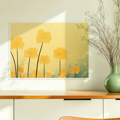 Goldene und orangefarbene Wildblumen ragen hoch in den Himmel, sanfter Bokeh?Hintergrund in warmem Licht – harmonische Naturkunst.. Ohne Rahmen 70x50