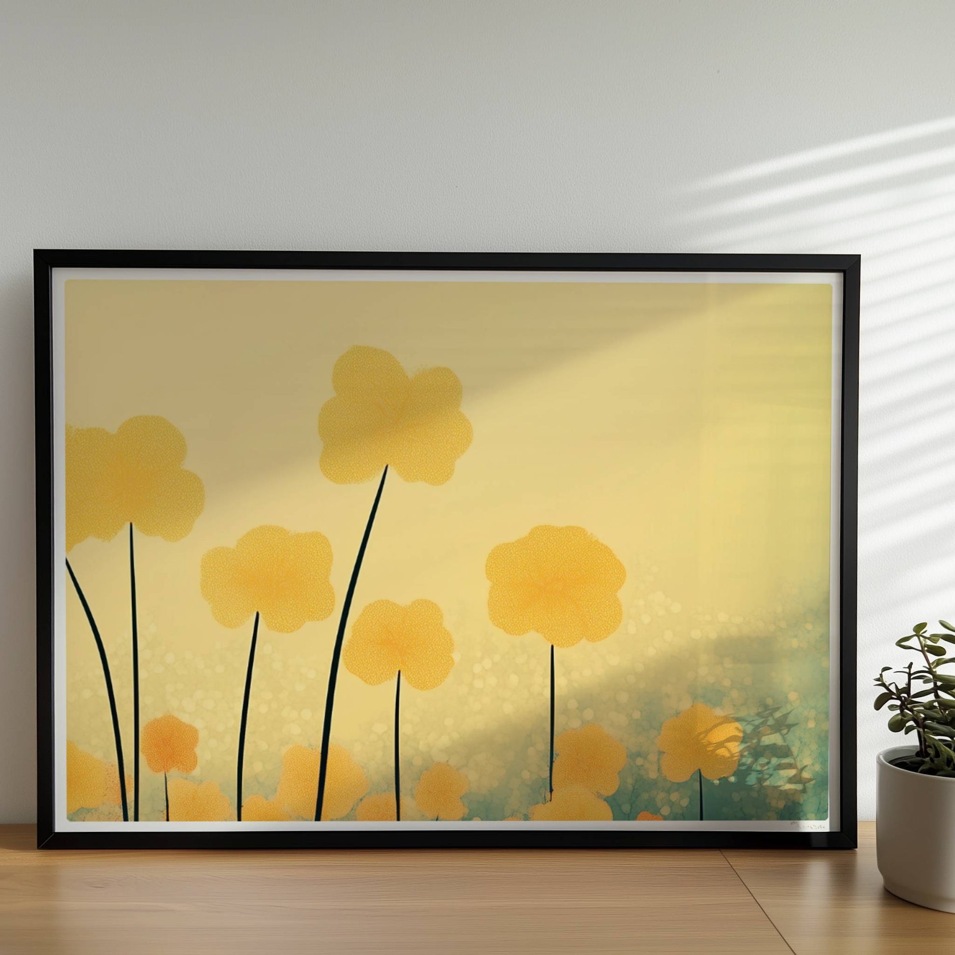 Goldene und orangefarbene Wildblumen ragen hoch in den Himmel, sanfter Bokeh?Hintergrund in warmem Licht – harmonische Naturkunst.. Rahmen schwarz 70x50
