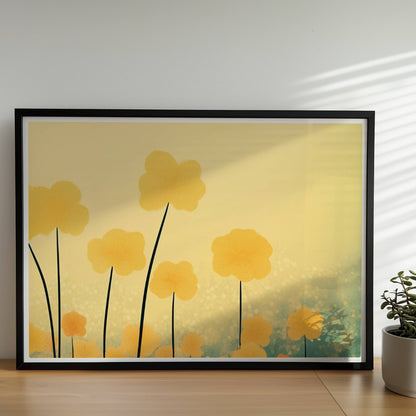 Goldene und orangefarbene Wildblumen ragen hoch in den Himmel, sanfter Bokeh?Hintergrund in warmem Licht – harmonische Naturkunst.. Rahmen schwarz 70x50