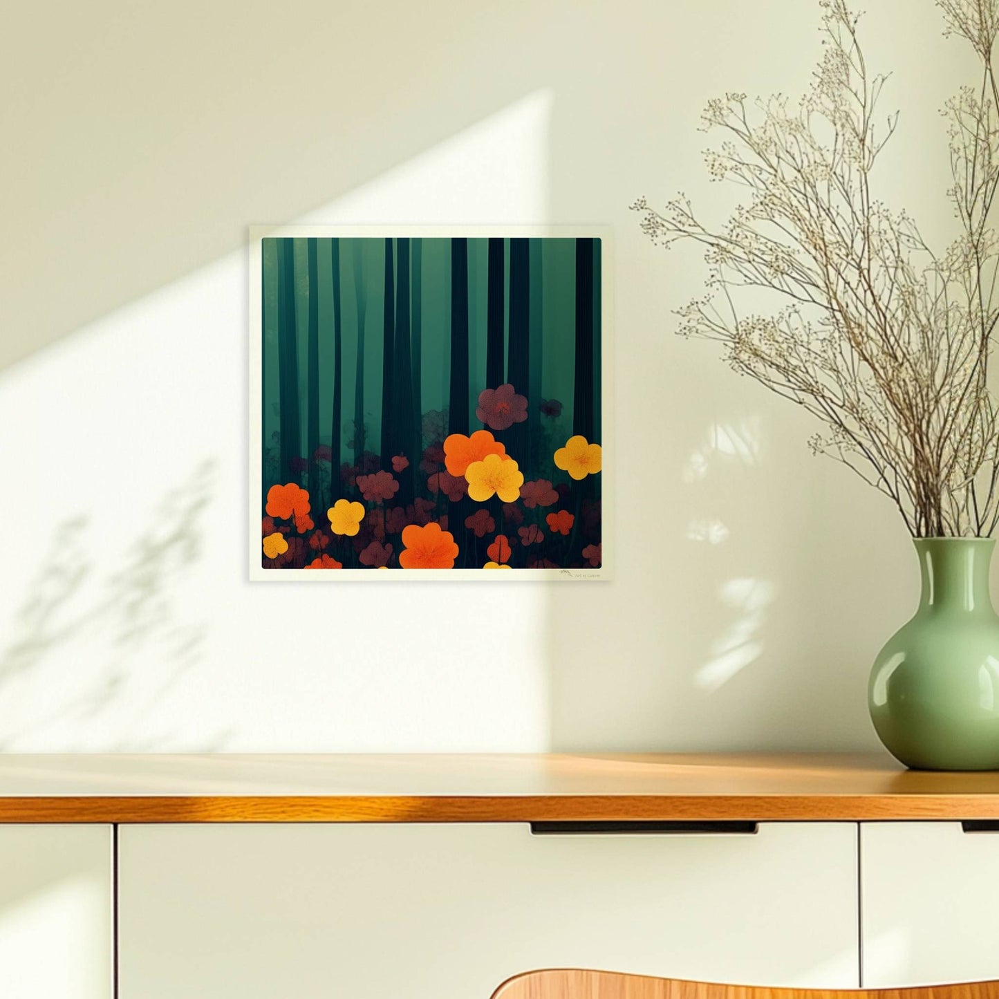 Leuchtend orangefarbene und gelbe Blumen vor tiefgrünem Waldhintergrund – starke Kontraste und natürliche Schönheit.. Ohne Rahmen 30x30