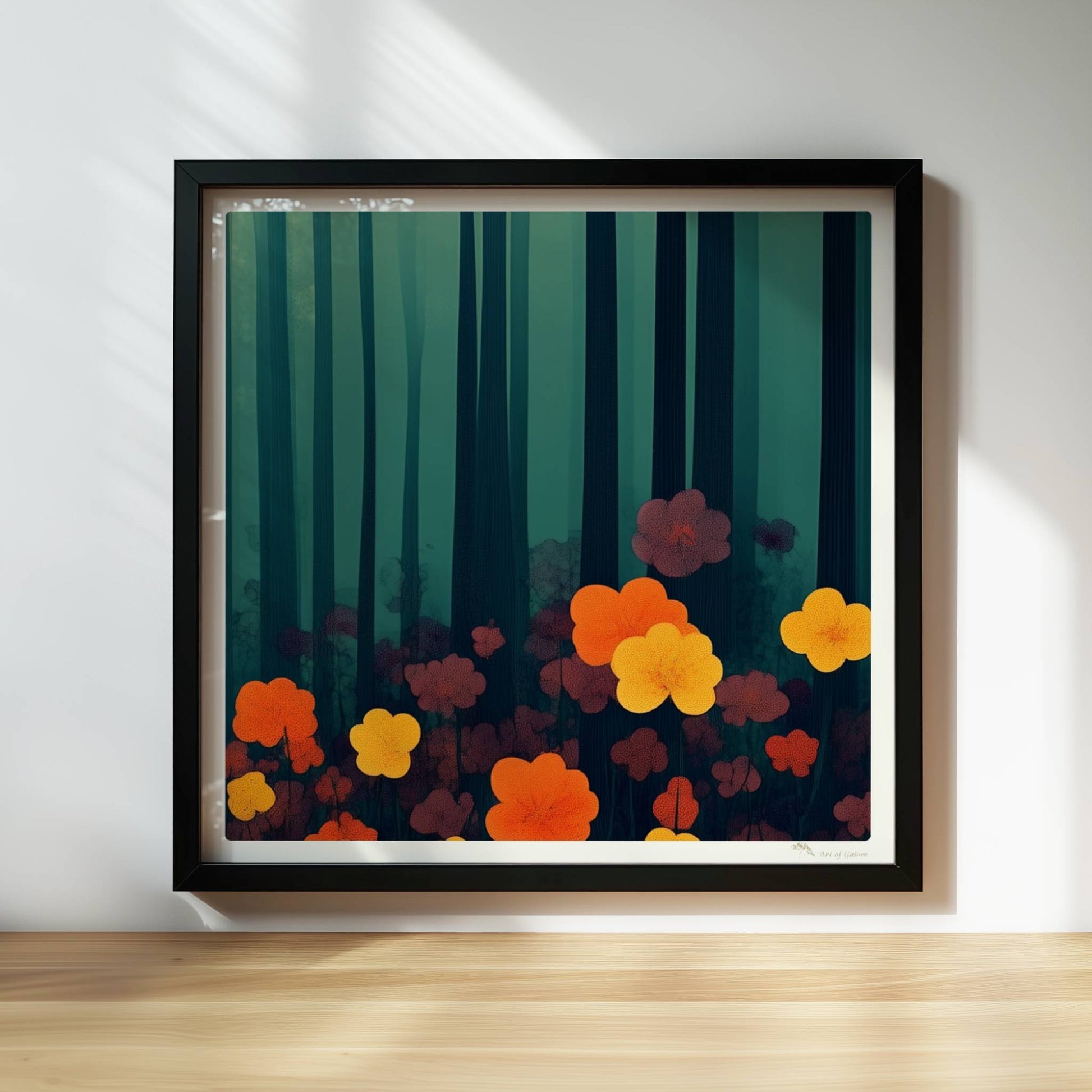 Leuchtend orangefarbene und gelbe Blumen vor tiefgrünem Waldhintergrund – starke Kontraste und natürliche Schönheit.. Rahmen schwarz 30x30