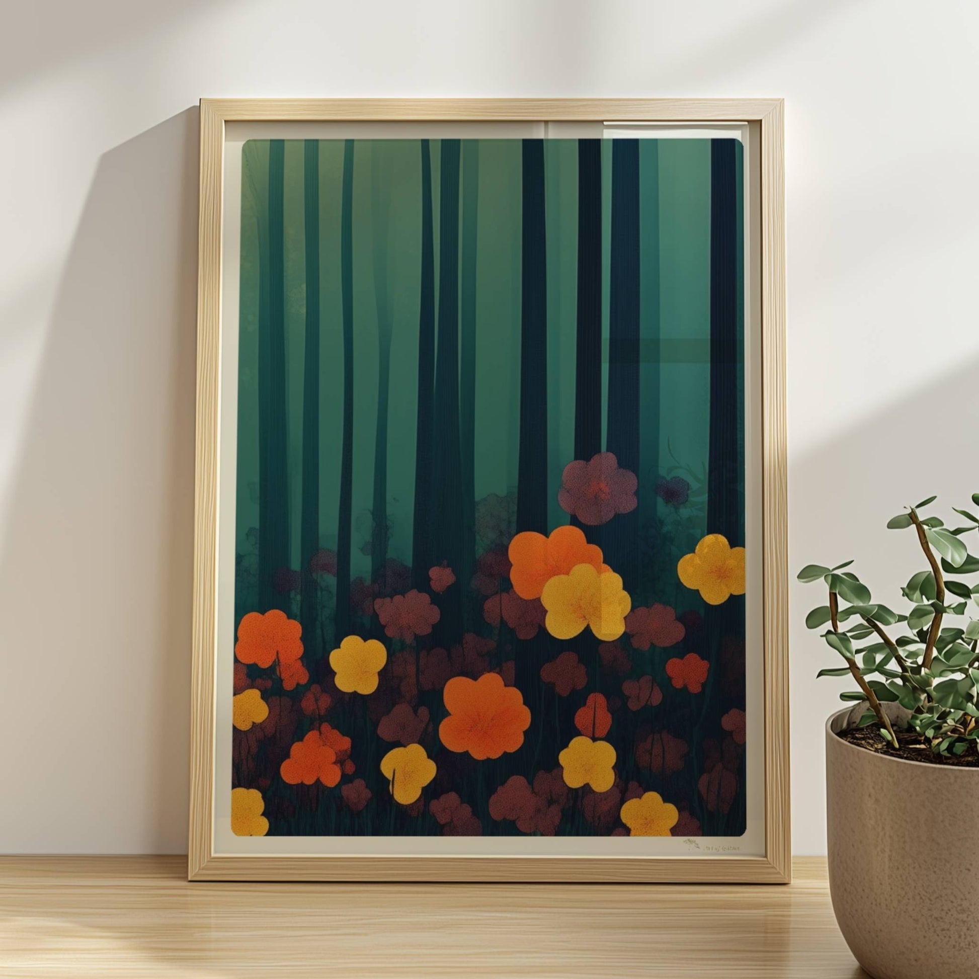 Leuchtend orangefarbene und gelbe Blumen vor tiefgrünem Waldhintergrund – starke Kontraste und natürliche Schönheit.. Rahmen natur 30x40