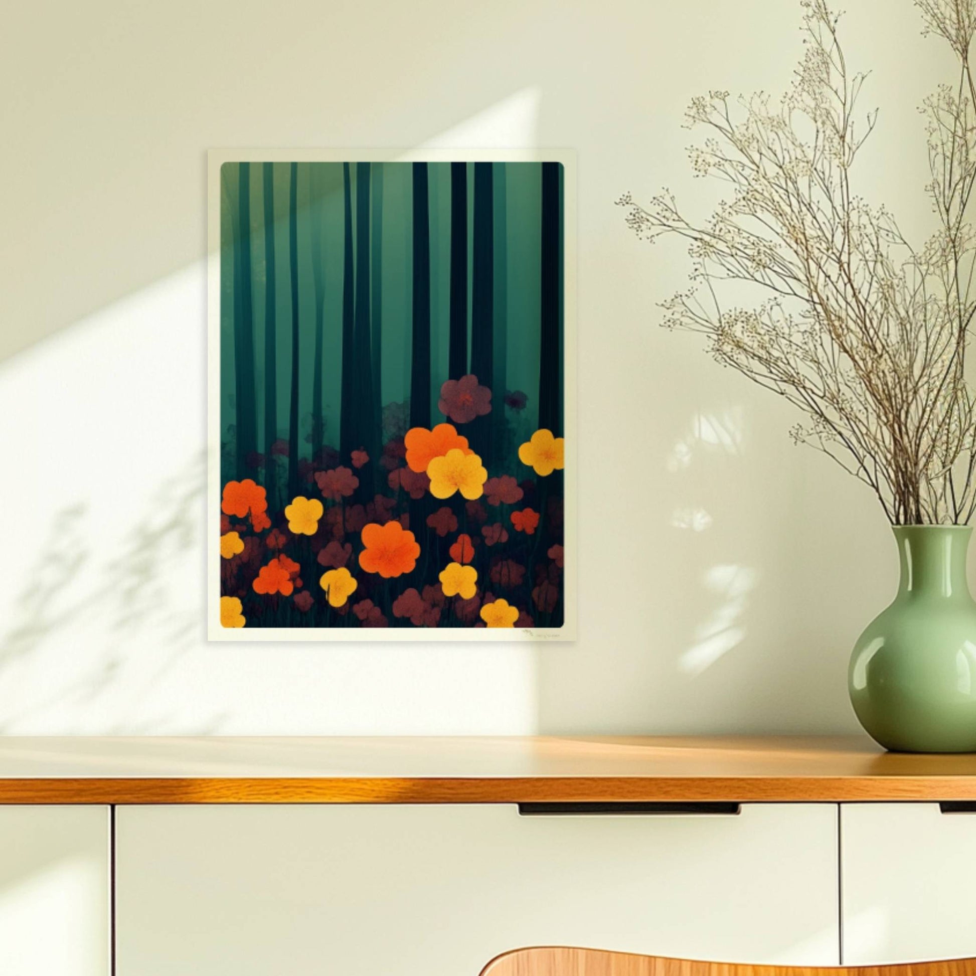 Leuchtend orangefarbene und gelbe Blumen vor tiefgrünem Waldhintergrund – starke Kontraste und natürliche Schönheit.. Ohne Rahmen 30x40