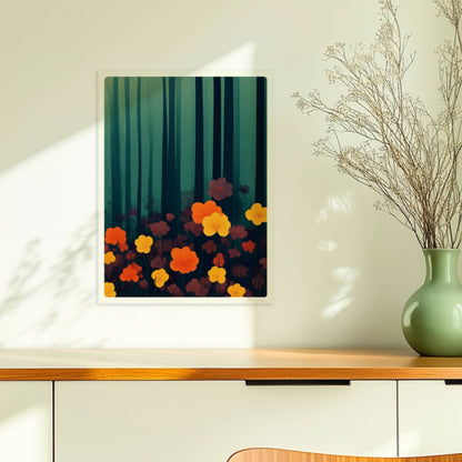 Leuchtend orangefarbene und gelbe Blumen vor tiefgrünem Waldhintergrund – starke Kontraste und natürliche Schönheit.. Ohne Rahmen 30x40