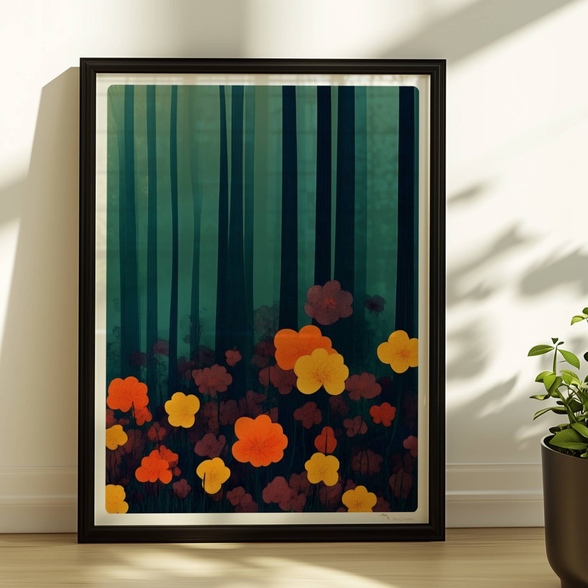 Leuchtend orangefarbene und gelbe Blumen vor tiefgrünem Waldhintergrund – starke Kontraste und natürliche Schönheit.. Rahmen schwarz 30x40