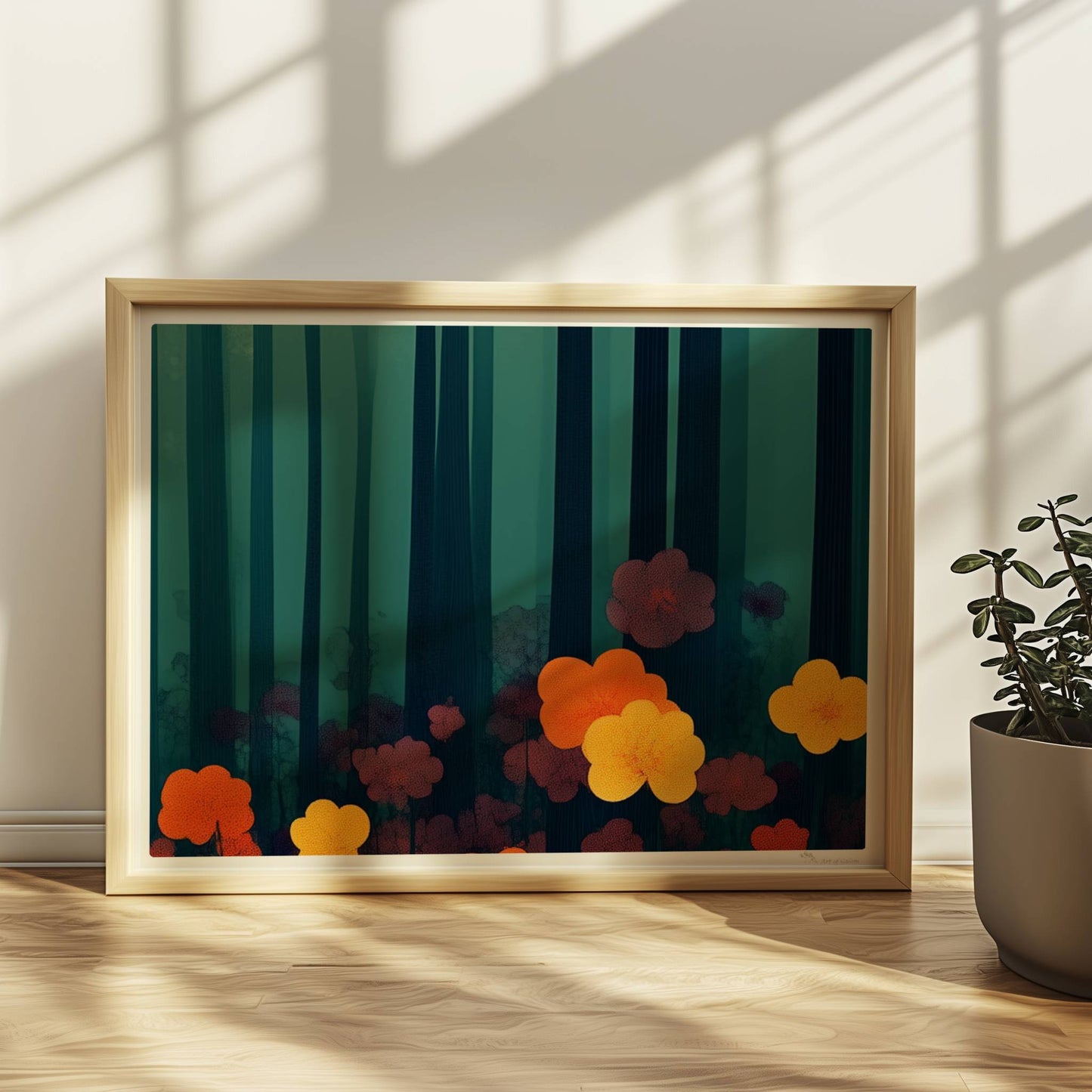 Leuchtend orangefarbene und gelbe Blumen vor tiefgrünem Waldhintergrund – starke Kontraste und natürliche Schönheit.. Rahmen natur 40x30