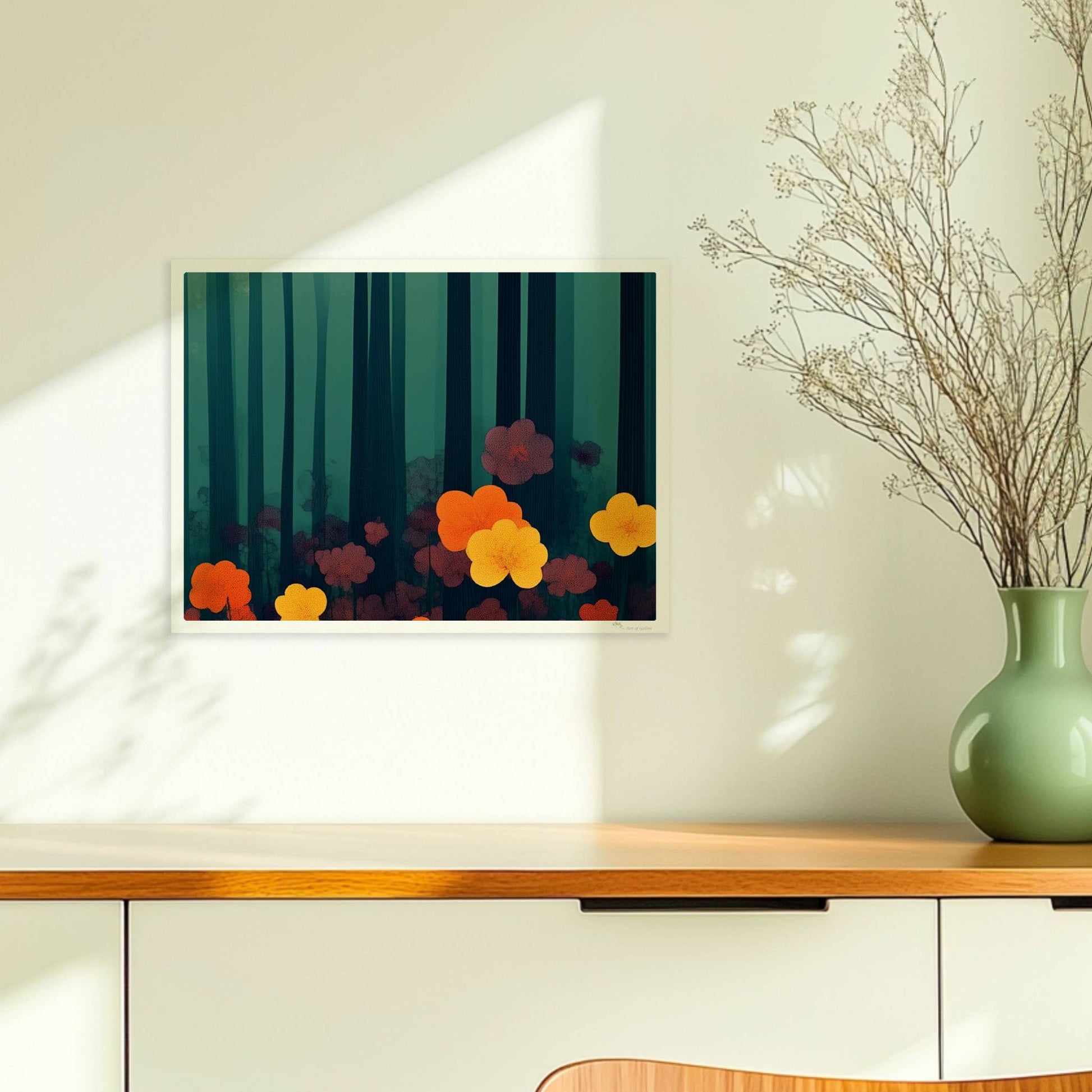 Leuchtend orangefarbene und gelbe Blumen vor tiefgrünem Waldhintergrund – starke Kontraste und natürliche Schönheit.. Ohne Rahmen 40x30