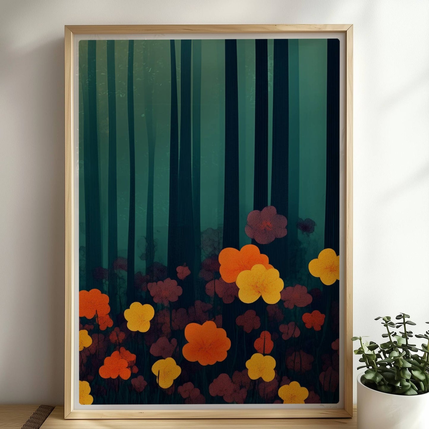 Leuchtend orangefarbene und gelbe Blumen vor tiefgrünem Waldhintergrund – starke Kontraste und natürliche Schönheit.. Rahmen natur 50x70