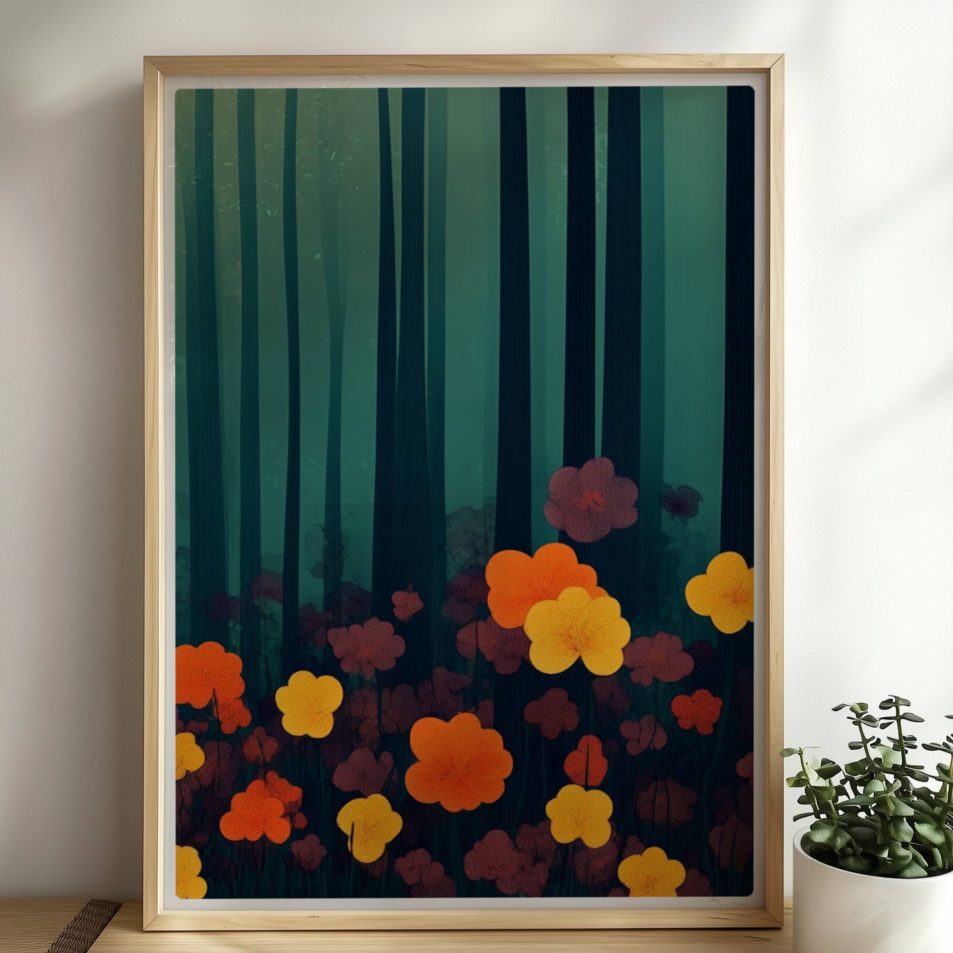 Leuchtend orangefarbene und gelbe Blumen vor tiefgrünem Waldhintergrund – starke Kontraste und natürliche Schönheit.. Rahmen natur 50x70