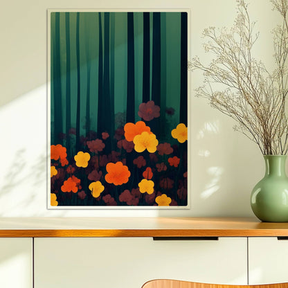 Leuchtend orangefarbene und gelbe Blumen vor tiefgrünem Waldhintergrund – starke Kontraste und natürliche Schönheit.. Ohne Rahmen 50x70