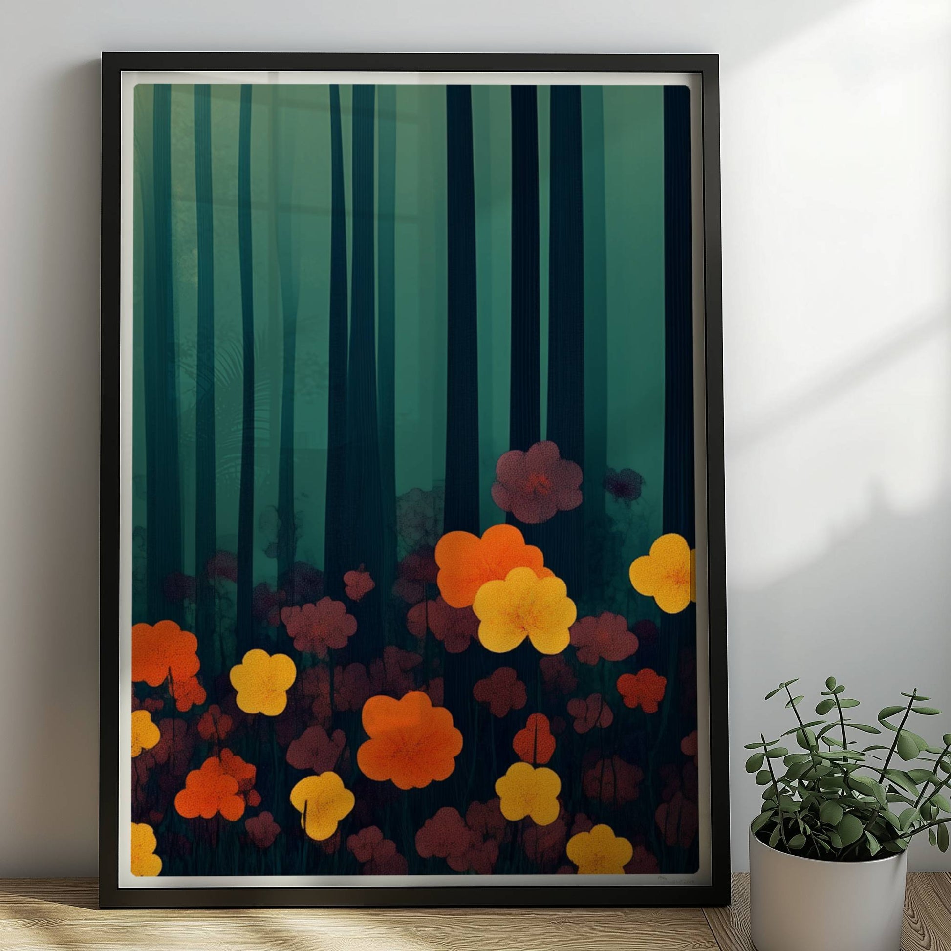 Leuchtend orangefarbene und gelbe Blumen vor tiefgrünem Waldhintergrund – starke Kontraste und natürliche Schönheit.. Rahmen schwarz 50x70
