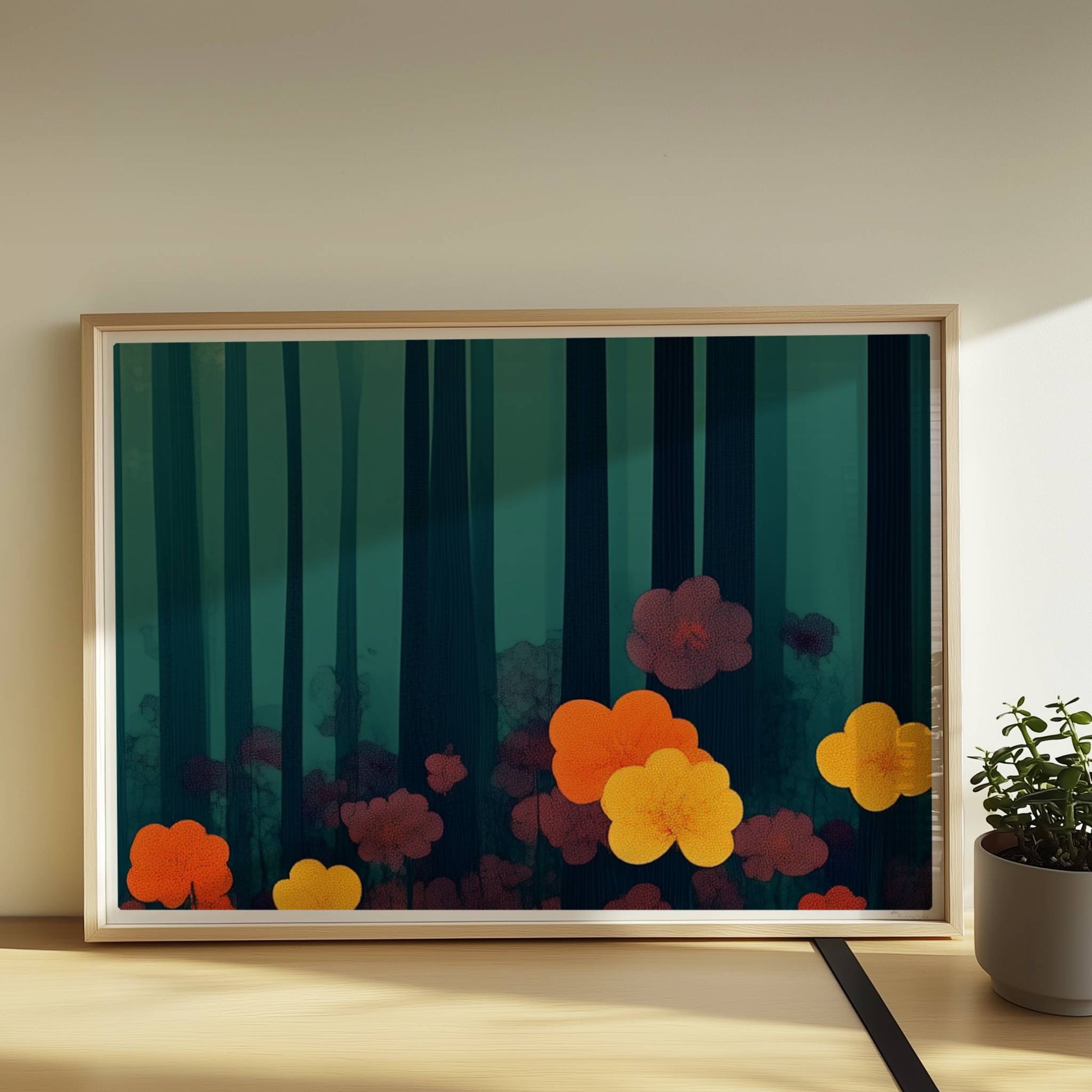 Leuchtend orangefarbene und gelbe Blumen vor tiefgrünem Waldhintergrund – starke Kontraste und natürliche Schönheit.. Rahmen natur 70x50